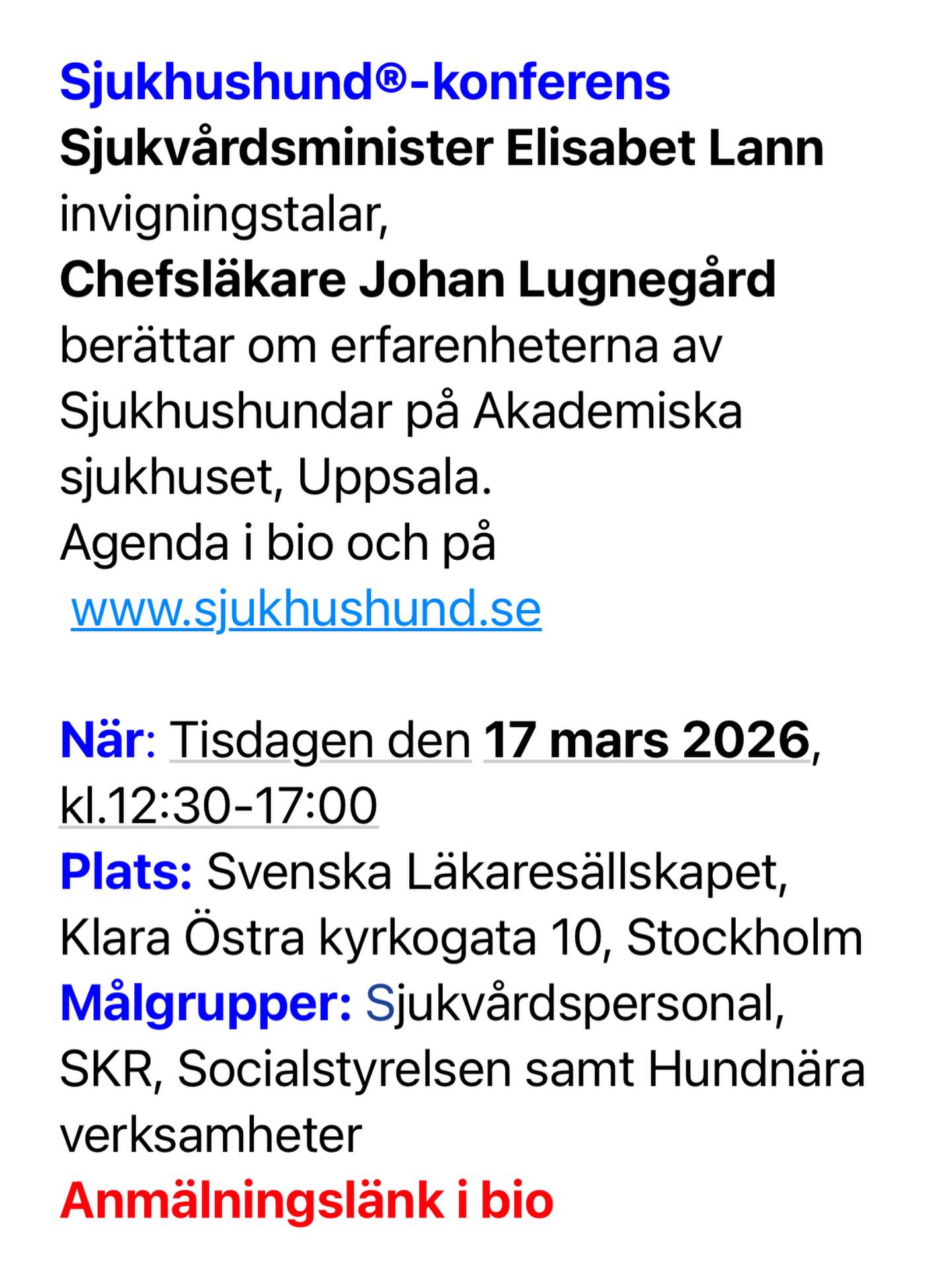 Sjukhushund®-konferens 17 mars 2026. Anmälningslänk i bio och på www.sjukhushund 🐾⛄️💕 #sjukhushund #hospital #dog #konferens #conference