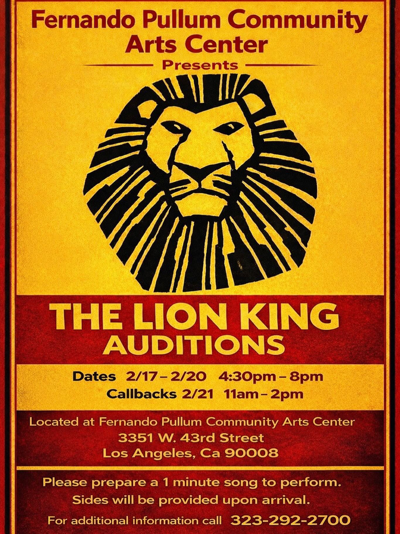 Next week the Pullum Center will be holding auditions for the Spring musical The Lion King! Auditions will be held at the Fernando Pullum Community Arts Center 2/17 - 2/20! Can’t wait to see you there! 🦁👑🌿 #nonprofit #performingarts #losangeles #musicaltheater