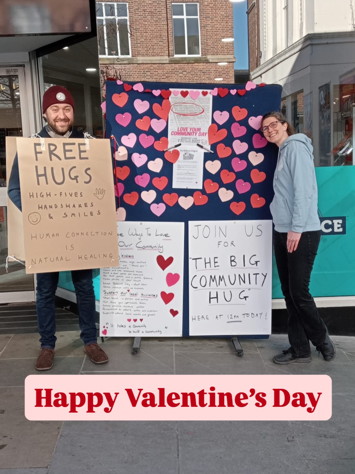 Have a beautiful day! Enjoy a hug with Samii and Pep on Silver Street outside What’s On Bedford Borough ❤️