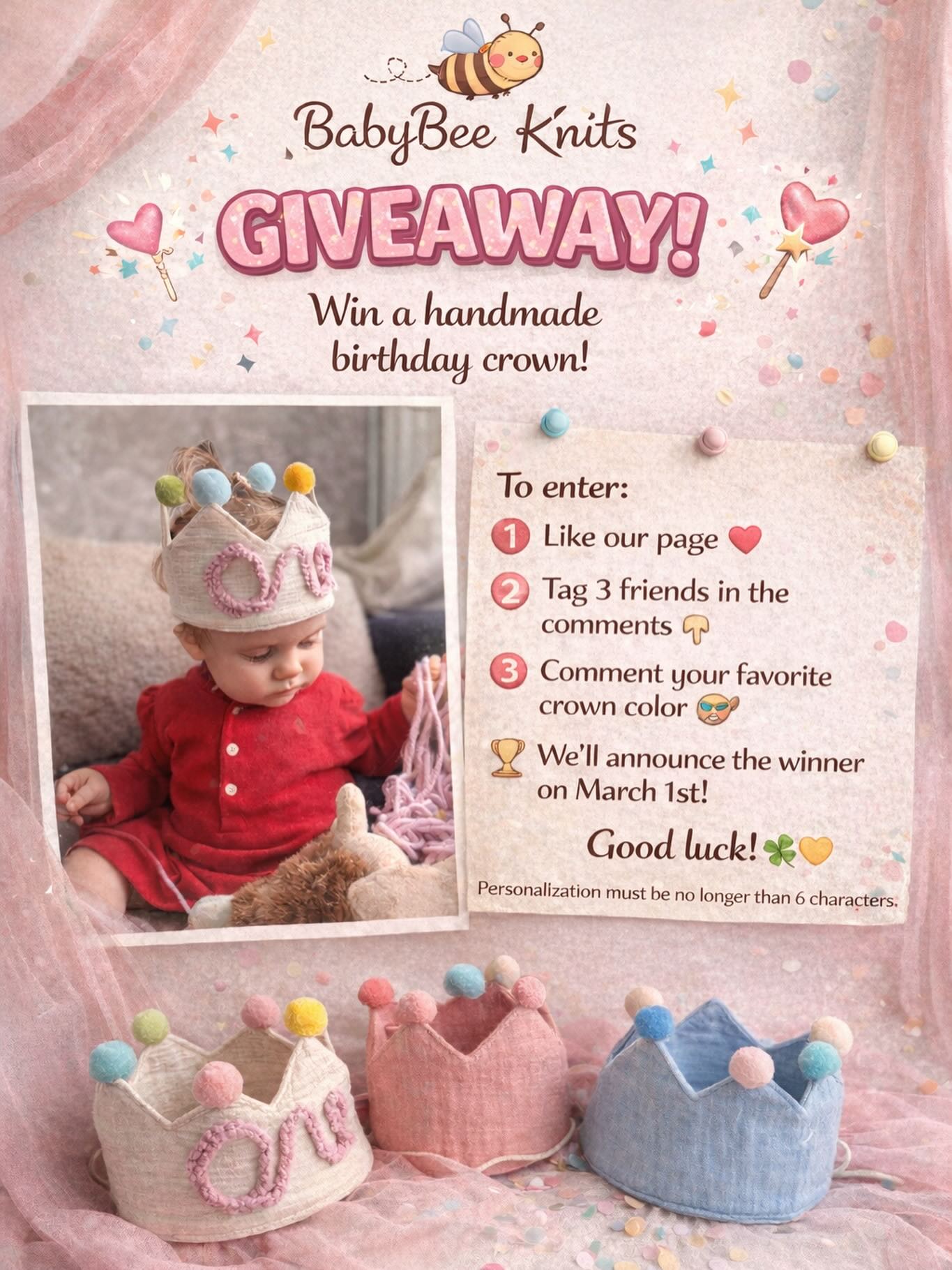 🌸 Hello lovely mamas! 🌸
We’re spreading a little joy with a sweet BabyBee Knits giveaway — your chance to win a handmade birthday crown crafted with love for your little one’s magical moments 👑✨
Simply follow the steps, pick your favourite crown colour, and you’re in!
We can’t wait to make one of your celebrations even more special 💛
Please note: this giveaway is open to UK residents only. 🇬🇧
Sending you all a warm hug and the best of luck! 🍀💗
#babybeeknits #ukgiveaway #handmadebaby #birthdaymagic #mumsandbabies