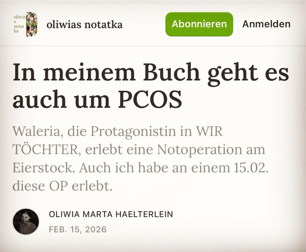 🌹In meinem Buch WIR TÖCHTER geht es auch um PCOS.🥀
Darüber schreibe ich auf Substack (link in Bio -> oliwias notatka)
🌹Rosenhochzeit für mich & meine Eierstöcke🥀
Waleria, eine der Protagonistinnen, hat PCOS und erlebt eine Notop an ihrem Eierstock.
Auch ich habe am 15.02.2016 eine ähnliche OP erlebt.
In meiner notatka versuche ich in Worte zu fassen, wie schwer es mir gefallen is, ein traumatisches Erlebnis in Literatur zu verwandeln, es einer Protagonistin in den Leib zu schreiben und die Scham dahinter, dass Menschen mich mit Waleria gleichsetzen.
Auch schreibe ich darüber, warum ich meine Protagonistin eine selbstgewählte Kinderfreiheit angedichtet habe und die Ambivalenz, was passiert, wenn man plötzlich medizinisch gelabelt wird. Das da plötzlich doch eine Trauer kommt.
Auch denke ich darüber nach, was es für eine Migra-Tochter bedeutet, die Erste & die Letzte zu sein.
Und bin dabei sehr gespannt auf eure Gedanken!
❤️🔥Der Substack Post ist auch ein kleines Preview-Geschenk. Denn offiziell is ab dem 20.02. mein Buch in den Läden. Ich teile aber schon ein paar Passagen mit euch, die meine liebe Freundin "die Hühner-Ausnehm-Situation" nennt.🐓🐓🐓🐓🐓🐓
Ach, und nicht zu vergessen:
Olivia Laings Buch Every Body.
🌹🥀🌹🥀🌹🥀🌹🥀🌹🥀🌹🥀🌹🥀🌹🥀🌹🥀
#debütroman #wirtöchter @c.h.beckliteratur #pcos #kinderfreiheit #kinderwunsch