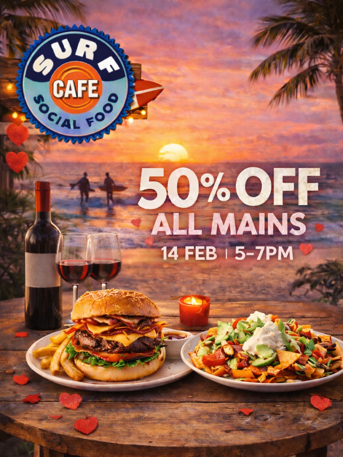 Valentineโs Day is around the corner and weโd love to celebrate it with you ๐๐
Join us at Surf Cafe on 14 February between 5โ7PM and enjoy 50% off all main meals.
Whether itโs a date night, a catch-up with friends, or just an excuse to treat yourself, weโve got the good food and easy vibes waiting.