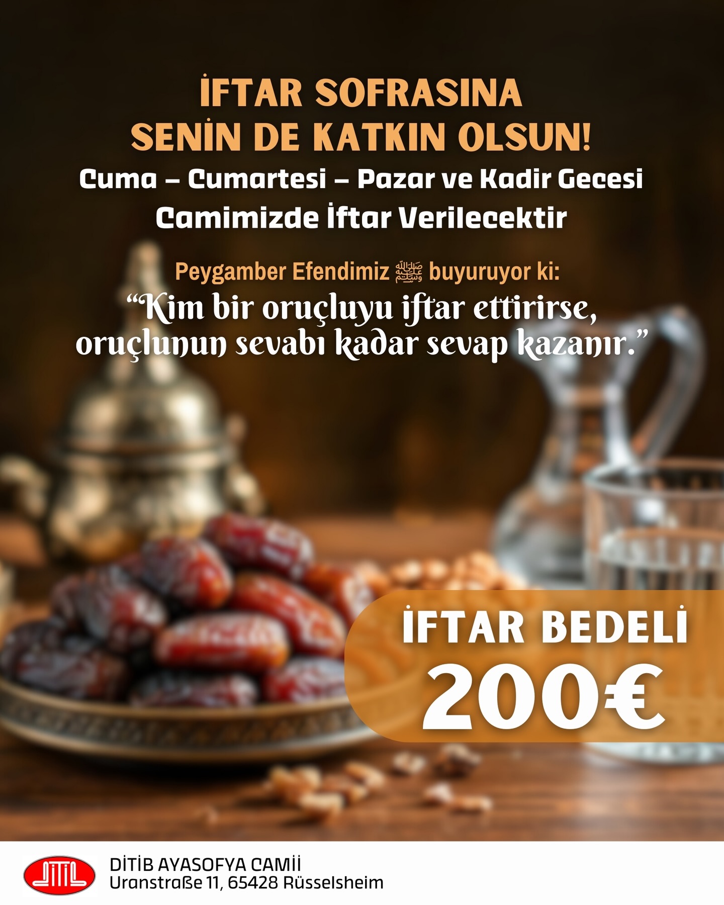 Sevgili Peygamber Efendimiz (sav) buyuruyor ki: “Kim bir oruçluyu iftar ettirirse, oruçlunun sevabı kadar sevap kazanır.” Hayra ortak olmak isteyen herkesin katkısını bekliyoruz. 🤲🏽