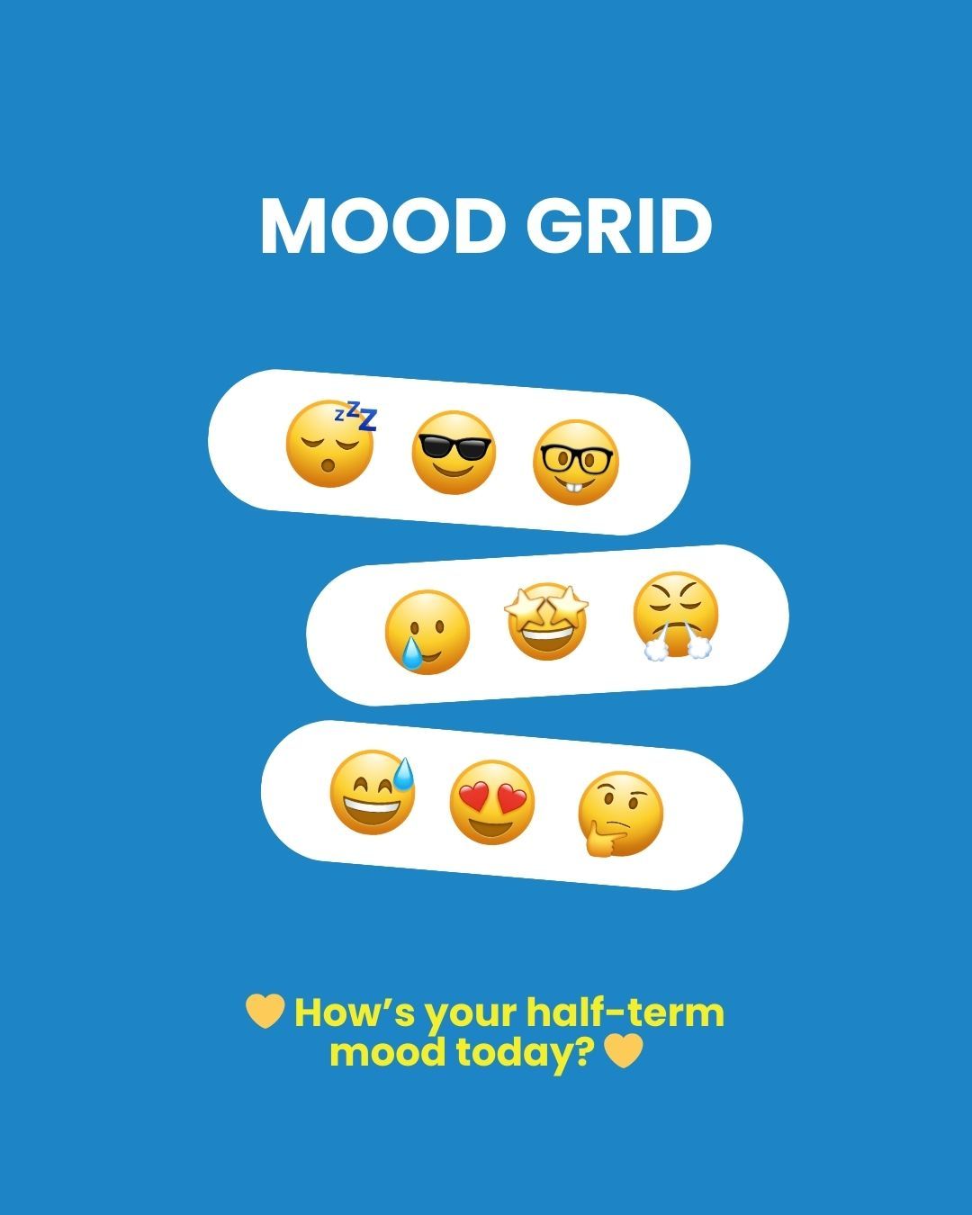 💛 How’s your half-term mood today? 💛
Drop an emoji in the comments that shows how you’re feeling:
😄 Happy | 😌 Relaxed | 😕 Confused | 😔 Tired | 🤯 Stressed
It’s okay to feel all sorts of things — noticing your feelings is a big part of taking care of your mental health. 🌟
#YouthlineCares #HalfTermCheckIn #MentalHealthAwareness #YouAreNotAlone
