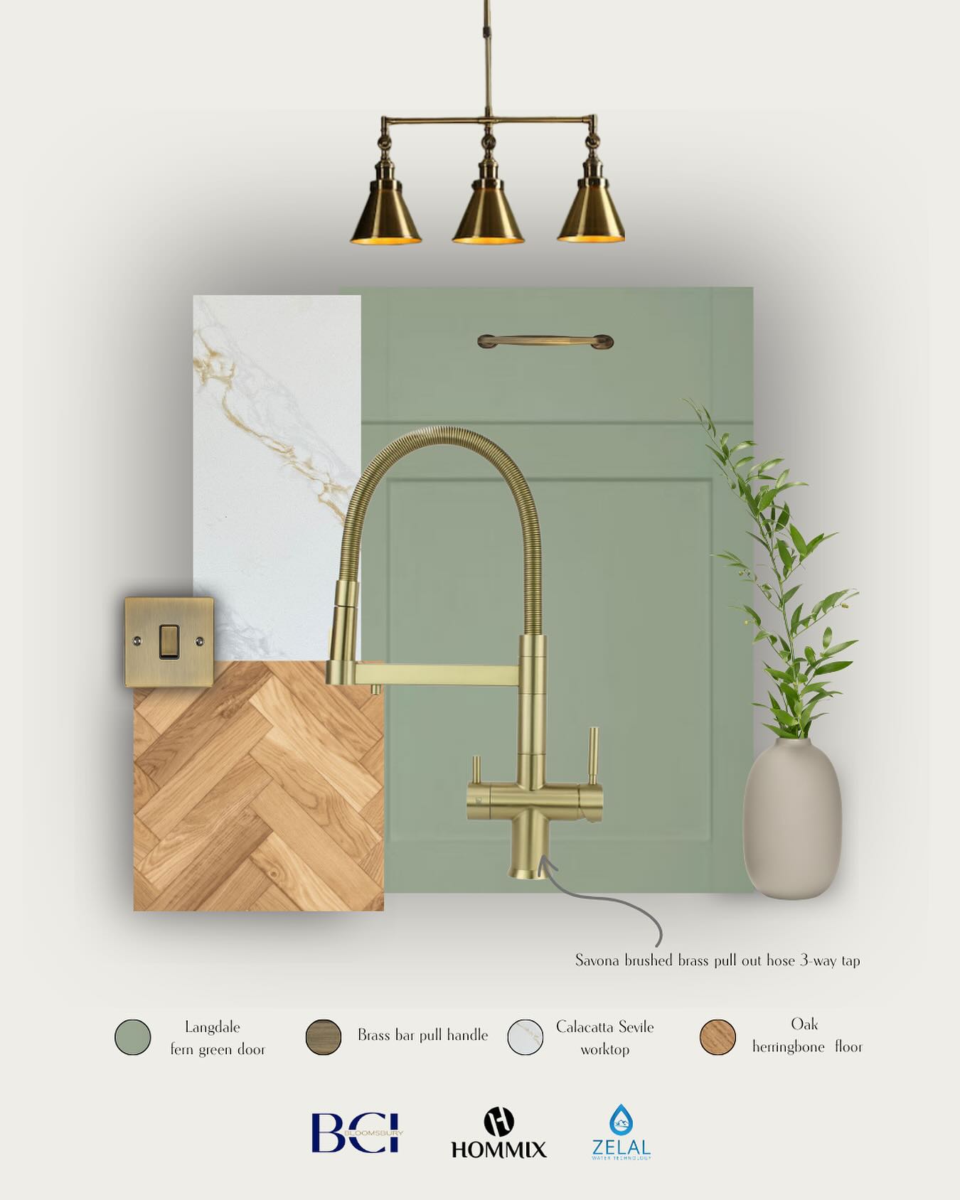 Elevating everyday moments with the Savona brushed brass 3-way tap from HOMMIX, Paired with Langdale Fern green cabinetry and warm oak tones for a timeless finish by Bloomsbury Court Interiors ✨#hommix #3waytaps #kitchen #kitchendesign #interiordesign #ferngreen #brassdecor #london