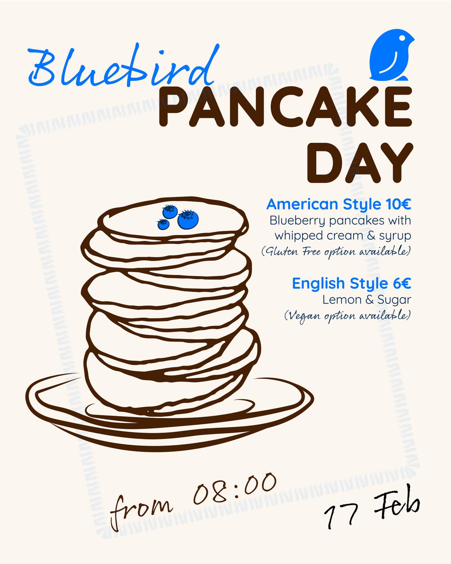 PANCAKE DAY
🇺🇸 STYLE: Blueberry pancakes with whipped cream & syrup (gluten free option available)
🏴 STYLE: Lemon & Sugar (vegan option available)
🥞 17 Feb only
#pancakeday #cafebluebird #breakfast #brunch #chamonix