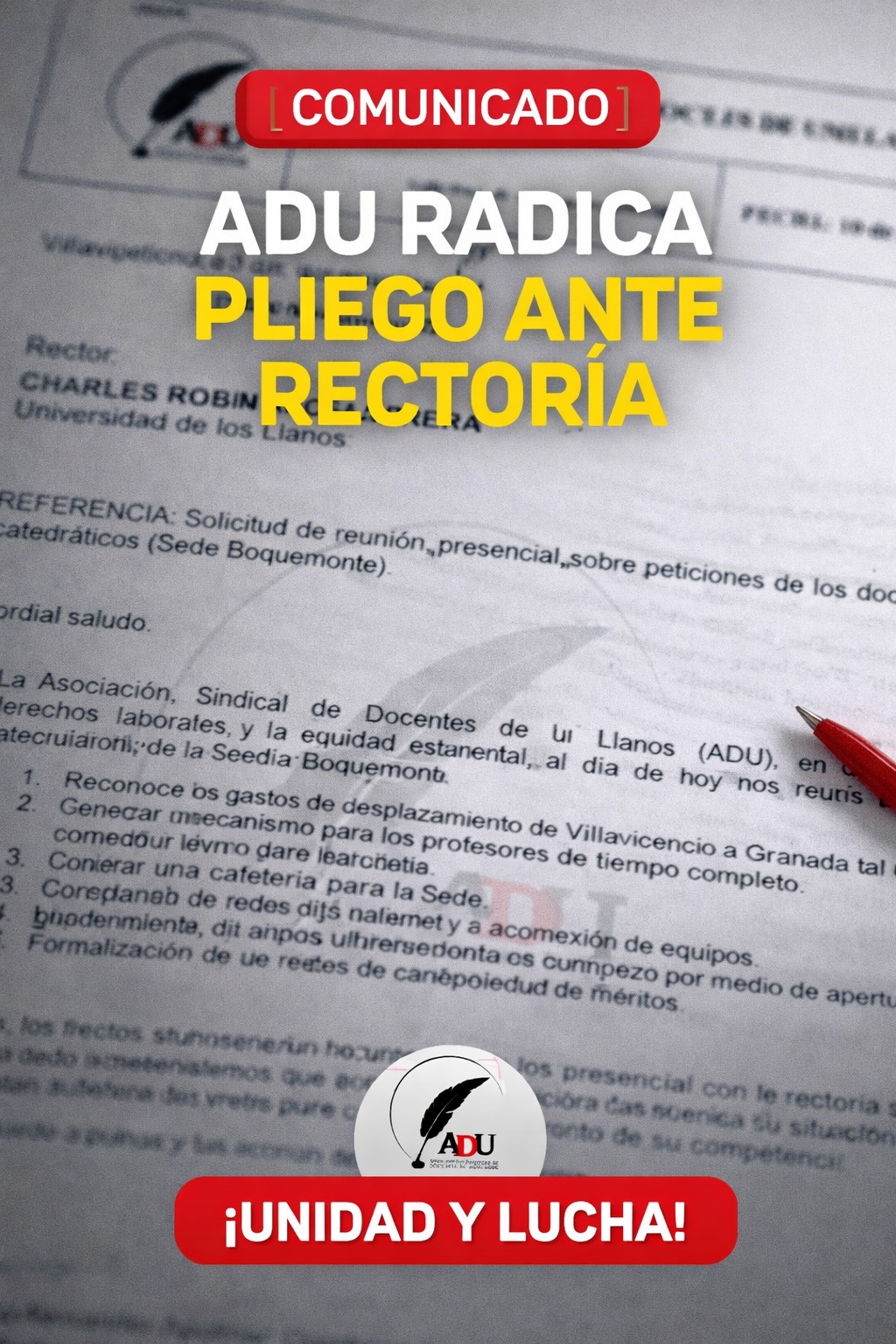 ADU radicó ante rectoría solicitud de reunión presencial para abordar las peticiones de docentes catedráticos de la sede Boquemonte.
Seguimos defendiendo la equidad estamental, los derechos laborales y condiciones dignas para el ejercicio docente.
¡Unidad y lucha!