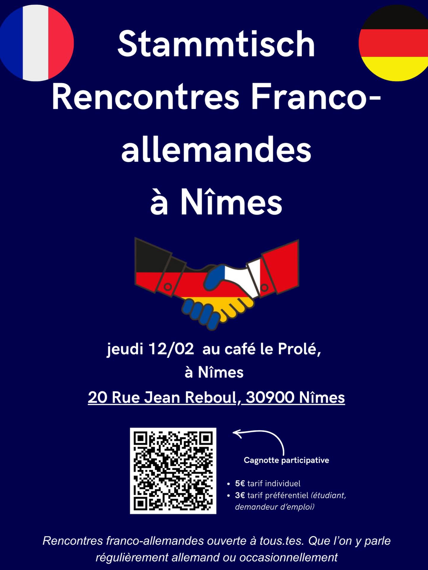 Vous parlez ou apprenez l’allemand ? Venez nous rejoindre au „Stammtisch franco-allemand“ le 12 février à 18h30 au Café Prolé à Nîmes. Discussions, convivialité et rencontres autour d’un Glühwein et de petits fours, grâce au Fonds citoyen franco-allemand. #StammtischFrancoAllemand #FrancoAllemand #CaféProlé #Nîmes #gluhwein