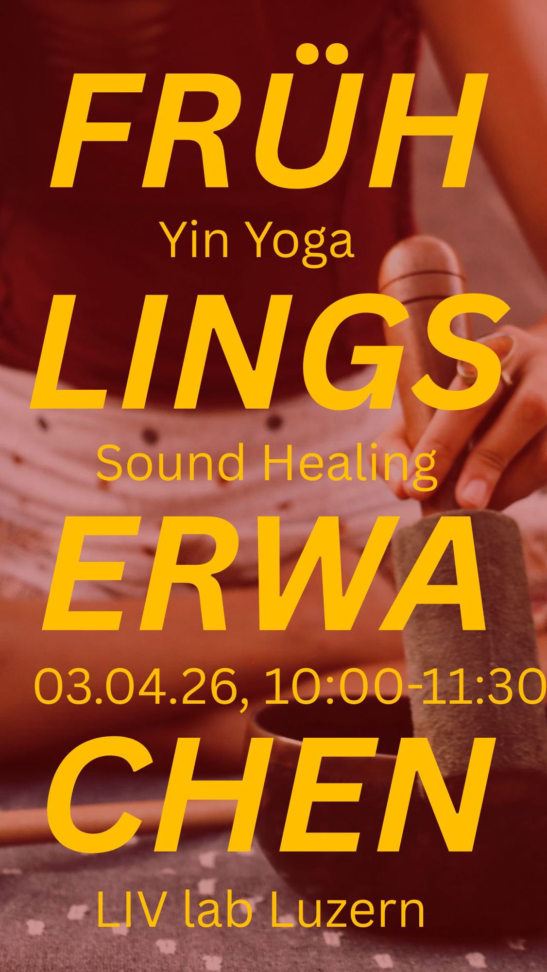 Frühlingserwachen – The Sound of Yin 🌱✨
Der Frühling ruft – Zeit, Altes loszulassen und neu aufzublühen.
In dieser besonderen Yin Yoga & Sound Healing Session verbinden sich sanfte Tiefe, heilende Klänge und die kraftvolle Energie des Vollmonds. 🌕
Wir reinigen, danken und manifestieren.
Wir lassen gehen, was nicht mehr nährt – und öffnen Raum für Klarheit, Wachstum und neue Ausrichtung.
Ein Ritual des Erwachens, getragen vom Holz-Element, den Leber- & Gallenblasen-Meridianen und der transformierenden Kraft des Sounds. 🎶🧘♀️
✨ Loslassen. Reinigen. Manifestieren.
✨ Dankbarkeit. Erwachen. Erfüllen.
🎶 Sound Healing: Alexi Cecchini
🧘♀️ Yin Yoga: Simone Arnold
🗓 Karfreitag, 03.04.2026
🕙 10:00 – 11:30 Uhr
📍 LIV Lab Luzern
Anmeldung www.livlab.ch
Ein nährender Raum, um bewusst abzuschließen – und mit Leichtigkeit in den Frühling zu treten. 🌸
