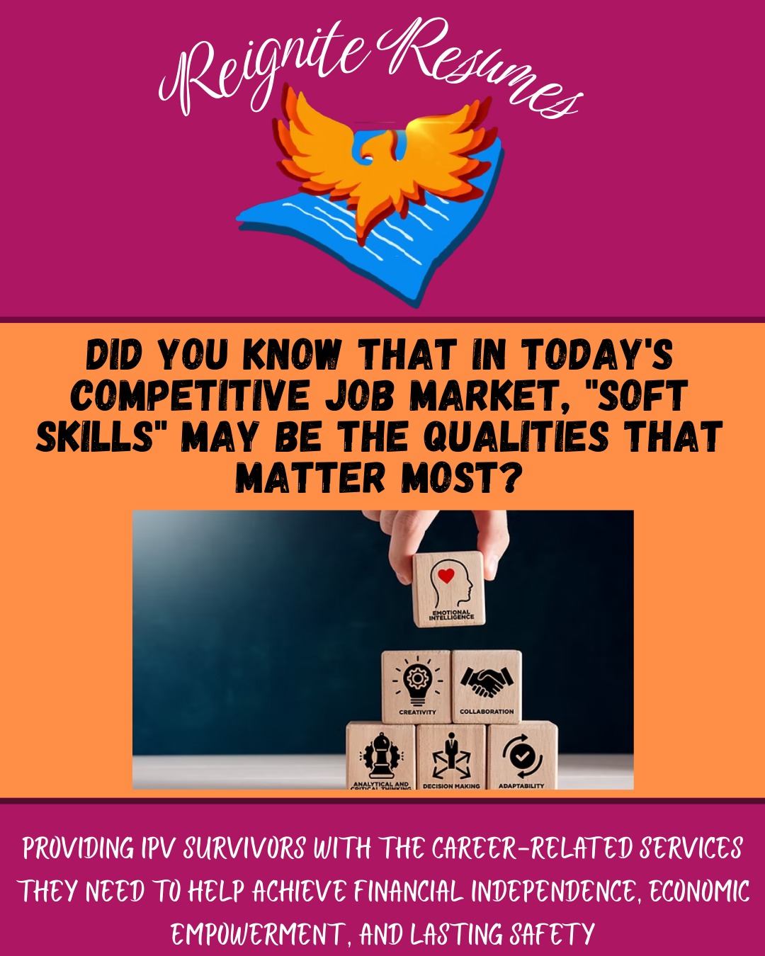 In today's highly competitive job market, so-called "soft skills" can make a meaningful difference when it comes to your career prospects.
Check out our latest blog post to learn more about these skills and how you can learn to leverage them to your advantage.
#reigniteresumes #npo #nonprofit #youthled #femaleled #resume #resumes #recruitment #domesticviolence #ipv #youthleaders #youthleadership #jobs #careers #employment