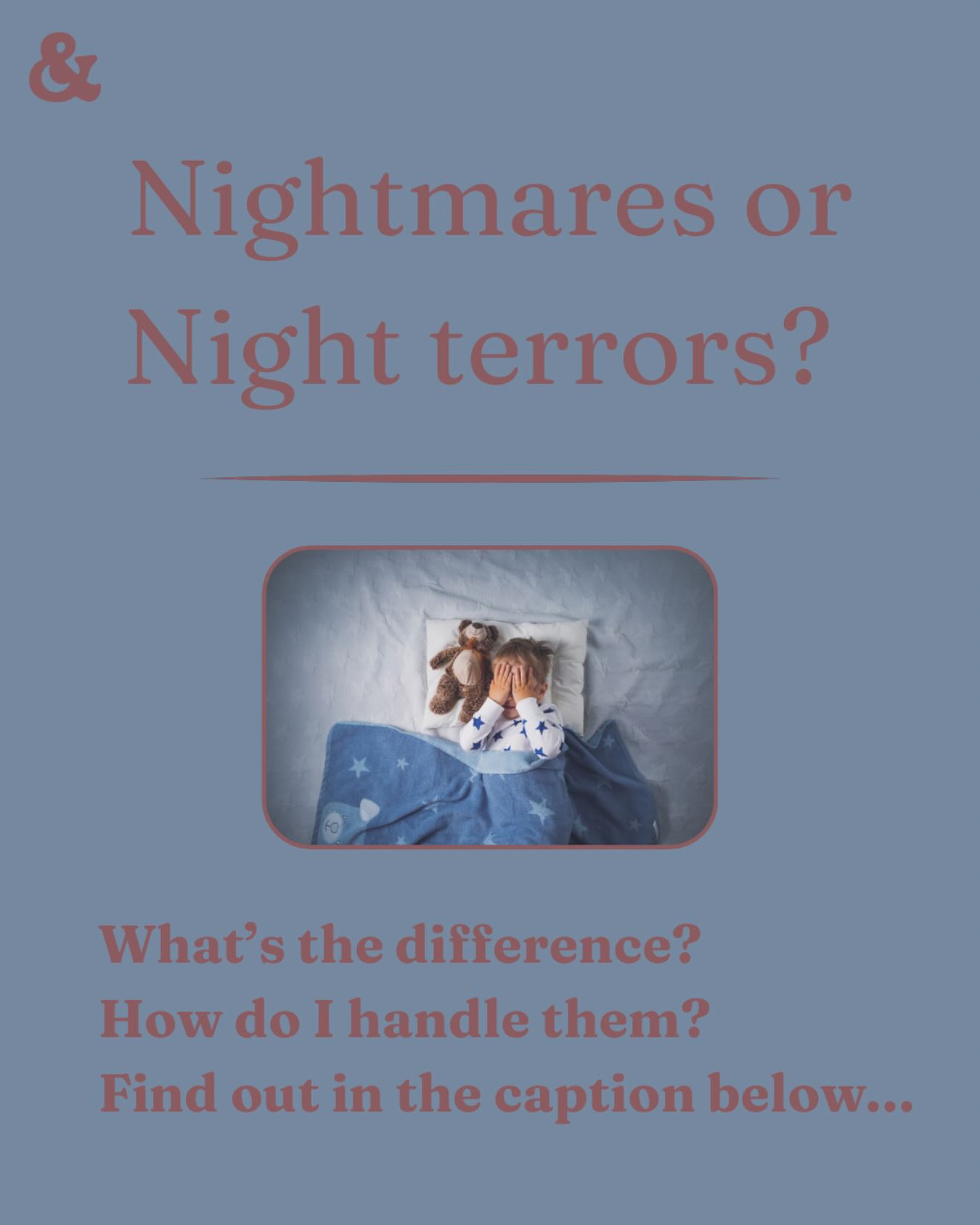 🤔How to tell if it’s a nightmare or night terror? Below I’ll explain both and how to handle them should it happen…
👻Nightmares
Most common from 3 to 6 years old but can show up from 18 months.
Little ones may wake up scared and can tell you what happened (depending on their age)
Nightmares tend to happen later during the night when sleep is lighter.
Causes:
• Overstimulation
• Stress or change
• Illness or poor sleep
What helps:
• Reassurance and a big cuddle.
• Calming bedtime routine.
• Avoid any scary content before bed (either a tv show that’s made them a little scared, a certain cartoon character or perhaps a lbook that they are not too sure about)
• Talk about it in daylight hours when it won’t seem so scary for them.
😖Night Terrors
Most common from 3 to 8 years.
Night terrors tend to happen during the earlier part of the night when sleep is much deeper.
Little ones may be screaming, thrashing, eyes open but not really awake. Likely that they won’t recognise you when you go to comfort them.
Causes:
• Over tiredness.
• Stress, illness, or new sleep environment.
• Family history, if you had them they might have them too.
What helps:
• Don’t wake them, it’s normally over in a few minutes and will settle back to sleep.
• Keep them safe & stay close, especially if they are thrashing around.
• Stick to a regular, familiar sleep routine.
It can be really distressing when this happens and really hard to watch but they will settle back to sleep and it’s very likely when they wake up they won’t remember it ever happening.
🌟Follow @kipp_pips for more tips and advice.
#babysleeptips #babysleepcoach #infantsleepconsultant #toocooltostayawake #infantsleeptraining