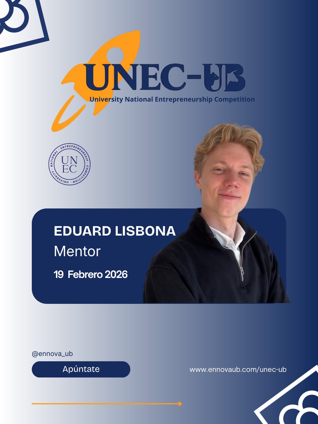 🚀Nuevo mentor en UNEC-UB🚀
Tenemos el placer de contar con Eduard Lisbona como mentor en la University National Entrepreneurship
Competition en la Universidad de Barcelona.
Desde UGECE Agency, Eduard acompaña a marcas y startups en la creación de estrategias de contenido UGC que conectan con su audiencia, combinando creadores, storytelling y enfoque a conversión para impulsar su crecimiento digital.
17 ¿Cuándo? 19 de febrero de 2026.
Evento: University National Entrepreneurship
Competition UB (UNEC-UB).
• ¡lnscríbete ya y asegura tu plaza! Link en la bio o en
www.ennovaub.com/unec-ub
#UNECUB #Emprendimiento #Mentoring
#MarketingDigital #UGC Startups EnnovaUB
