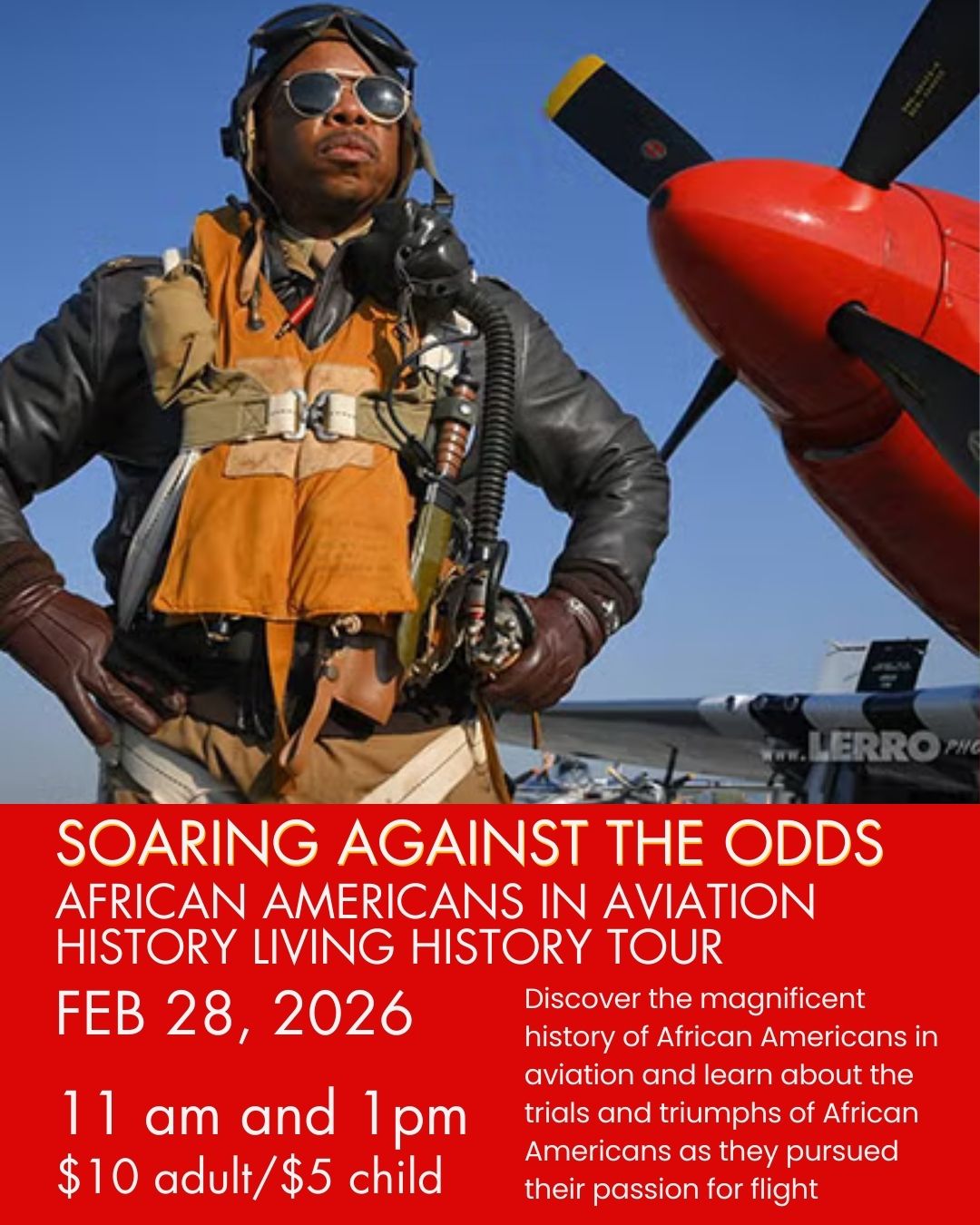 Discover the magnificent history of African Americans in aviation, learn about the trials and triumphs of African Americans as they pursued their passion for flight in civilian and military aviation, persevering through the obstacles of racism, institutionalized barriers, and social prejudice.
Be inspired by those who pioneered in aviation and opened the doors for so many!
February 28
11 - 11:45 am
1 - 1:45 pm
Register at https://www.pgparks.com/college-park-aviation-museum
Includes museum admission.
Advance registration required by February 25.