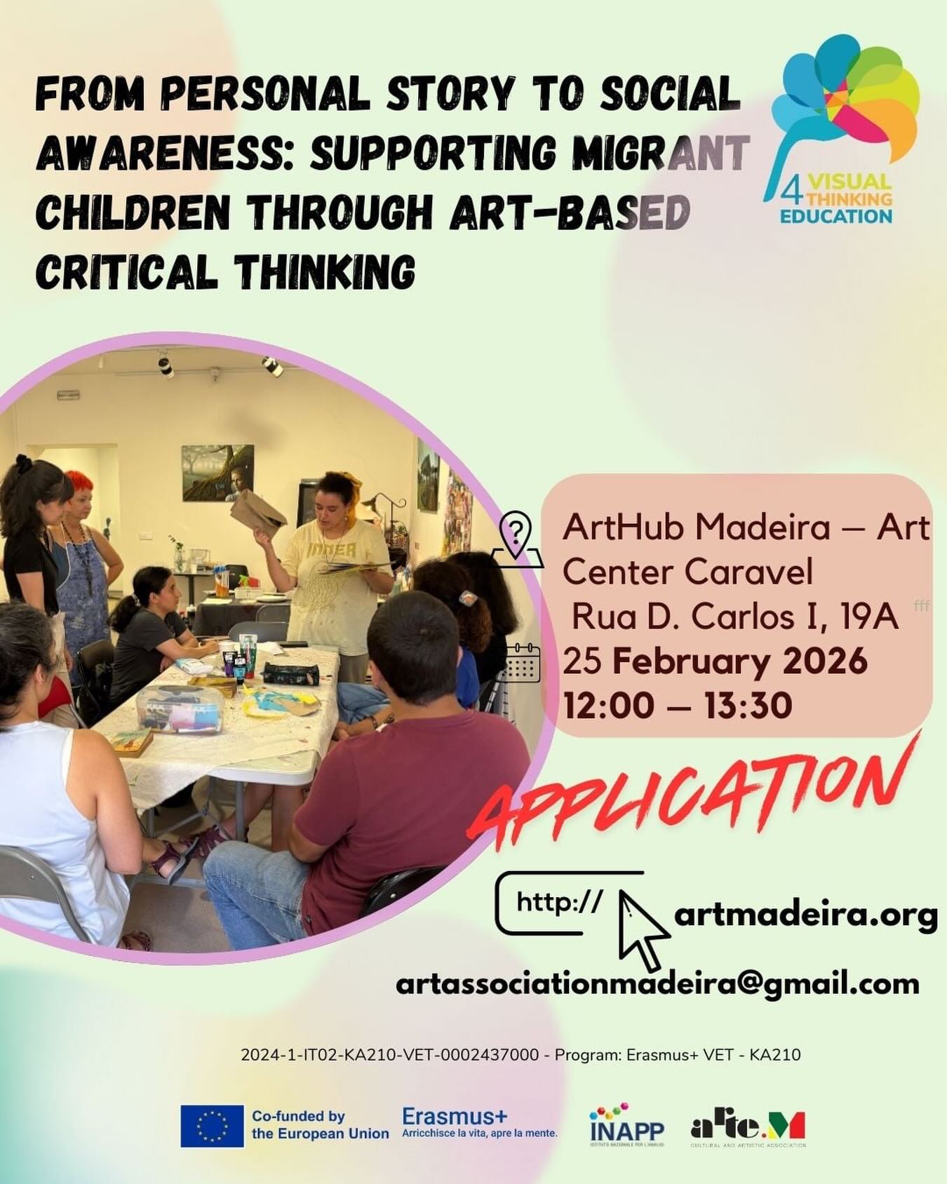 🎨 Just a few places still available for:
Workshop From Personal Story to Social Awareness: Supporting Children Through Art-Based Critical Thinking
🕒 Duration: 2 hours
🎯 Focus: Practical application in educational and community settings
In this hands-on session, educators and practitioners will explore real-life scenarios involving migrant children and families — identity conflict, discrimination, misinformation, and social exclusion.
✨ Small group format. Practical tools. Immediate application.
📩 To register: artassociationmadeira@gmail.com
Project number: 2024-1-IT02-KA210-VET-0002437000
Program: Erasmus+ VET – KA210
#arttherapytools #erasmusplus #arthubmadeira #artcentercaravel #artemassociation