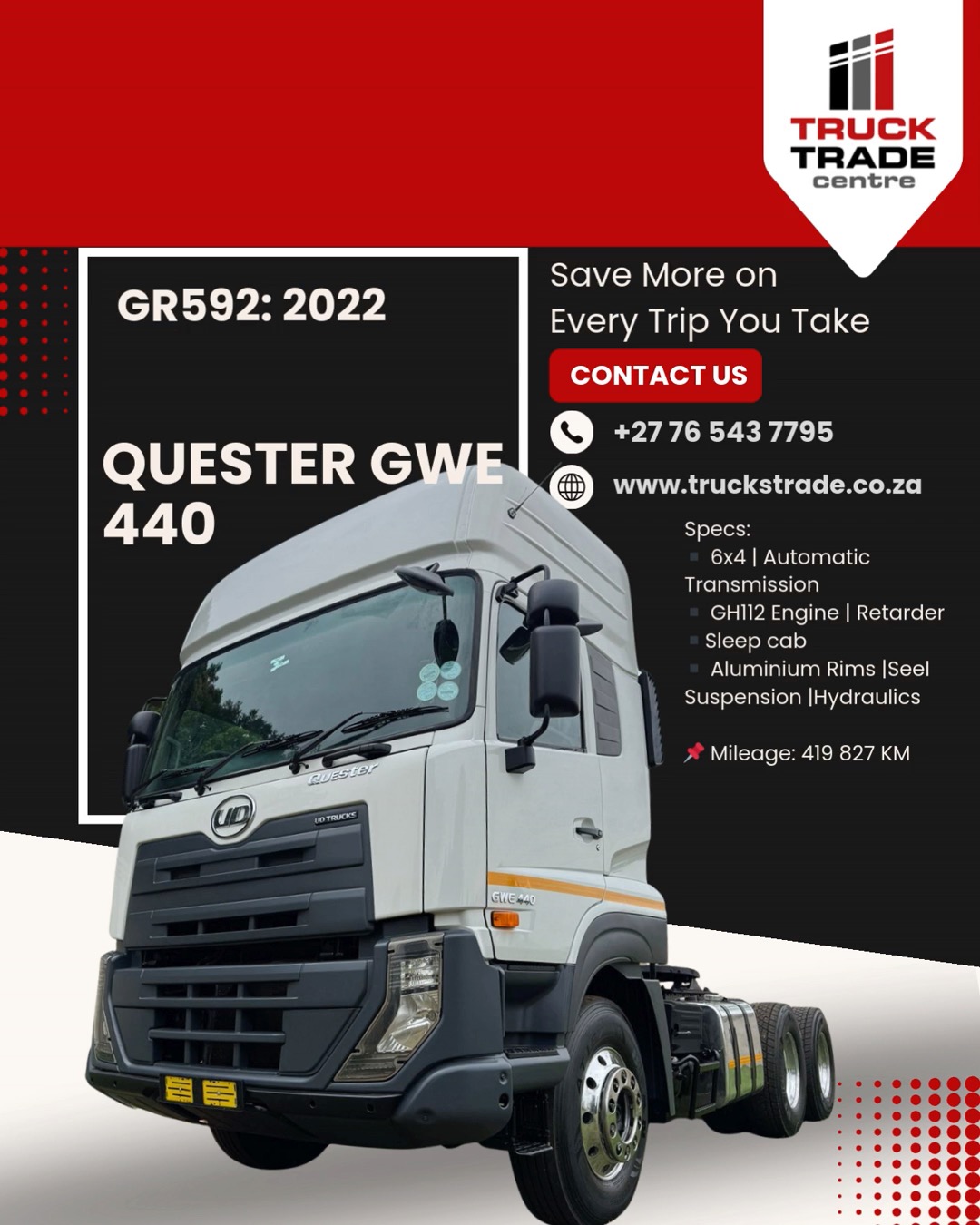 🚛 FOR SALE: 2022 UD QUESTER GWE 440
📍 Location: 99 Glen Norton Rd, Glen Norton Home Estate, Benoni AH
📞 Call/WhatsApp: 076 543 7795
GR 592
🔧 Ready to Work!
Specs:
▪️ 6x4 | Automatic Transmission
▪️ GH112 Engine | Retarder
▪️Sleep cab
▪️ Aluminium Rims |Seel Suspension |Hydraulics
R765 000exc vat
📌 Mileage: 419 827 KM
✅ Excellent Runner – In Good Working Condition #preownedtruckdealer #PreownedTruckSales #TruckDealership #SouthAfricanTruckDealership #TruckSales #Trucks #ud #udtrucks