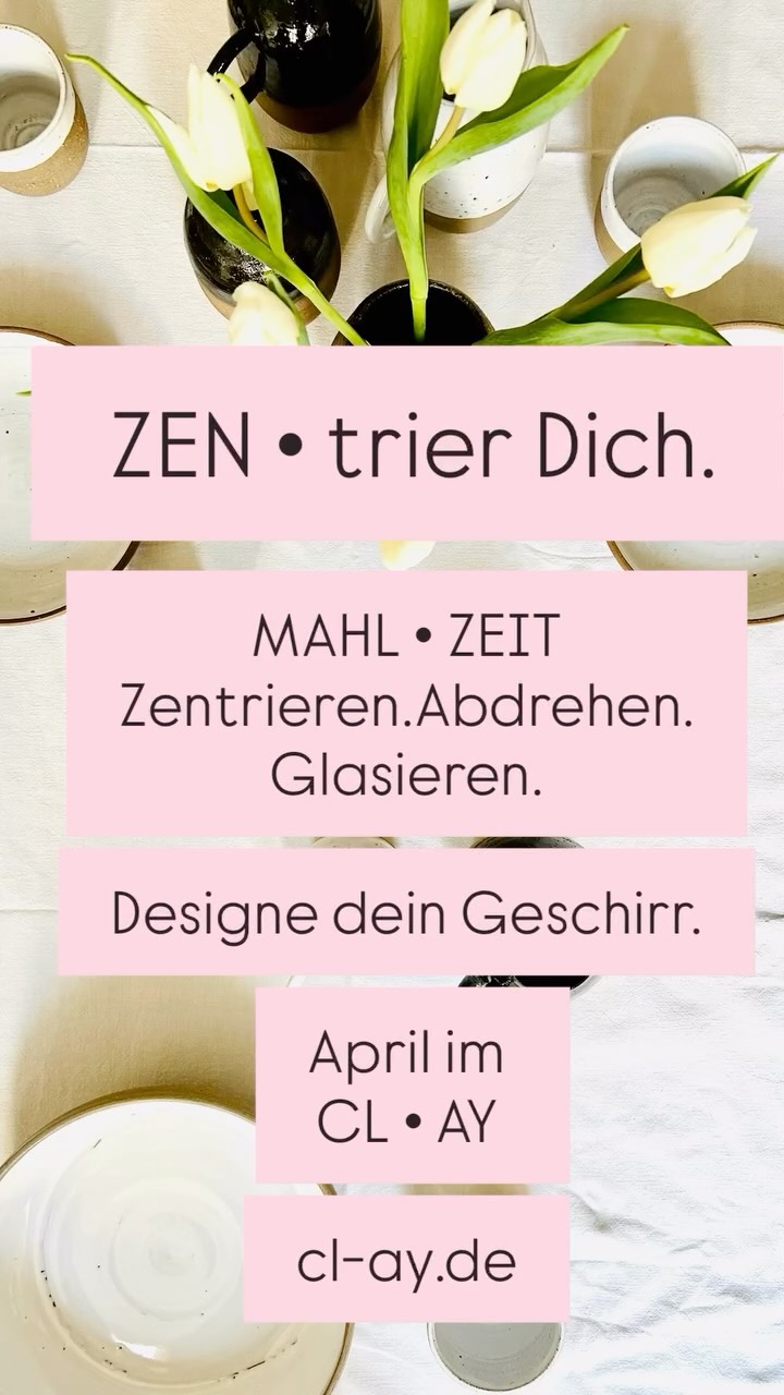 W O R K S H O P
ZEN·trier Dich. MAHL·ZEIT
CL·AY, Hamburg Ottensen
Zentrieren · Abdrehen · Glasieren
Vier Termine an der Töpferscheibe.
Material verstehen. Formen finden. Flow erleben.
Vom ersten Kneten bis zum glasierten Objekt entsteht Schritt für Schritt dein eigenes Table Set – bestehend aus 3 Teilen.
Handgemacht, reduziert, einzigartig.
Oder gemeinsam mit einem Menschen, den du gern hast.
Zeit teilen. Nebeneinander arbeiten.
Später aus den eigenen Stücken essen.
Achtsam. In Ruhe. Ohne Eile.
Ablauf
– Abend 1 & 2: Ton spüren · zentrieren · kennenlernen
– Abend 3: Formen & abdrehen · erster Brand
– Abend 4: Glasieren · finaler Brand
Zwischen den Terminen arbeitet der Ton weiter.
Du arbeitest fokussiert, ruhig, präzise.
Am Ende hältst du dein Set aus Unikaten in den Händen –
als Table Set oder Designobjekt.
Termine & Anmeldung:
April Di:
14.04/21.04/28.04/19.05/ 18:30 - 21.30h
Oder
April Sa:
11.04/12.04/18.04/25.04/ 10-13h
cl-ay.de
Ein Workshop für Achtsamkeit, Flow & zeitloses Design.
·
ZEN·ter Yourself. MEAL·TIME
CL·AY, Hamburg Ottensen
Centering · Trimming · Glazing
Four sessions at the pottery wheel.
Understand the material. Find your forms. Experience flow.
From the first kneading to the glazed object, your own table set – consisting of 3 pieces – evolves step by step.
Handmade. Minimal. Unique.
Or together with someone you care about.
Share time. Work side by side.
Later, eat from the pieces you created.
Mindful. Unhurried. Without rush.
Process
– Session 1 & 2: Feel the clay · centering · getting to know the material
– Session 3: Shaping & trimming · first firing
– Session 4: Glazing · final firing
Between the sessions, the clay continues to transform.
You work focused, calm, precise.
In the end, you hold your set of unique pieces in your hands –
as a table set or a design object.
Dates & Registration:
April Di:
14.04/21.04/28.04/19.05/ 18:30 - 21.30h
Or
April Sa:
11.04/12.04/18.04/25.04/ 10-13h
cl-ay.de
A workshop for mindfulness, flow & timeless design.
#mentalegesundheit
#Drehscheibe
#design