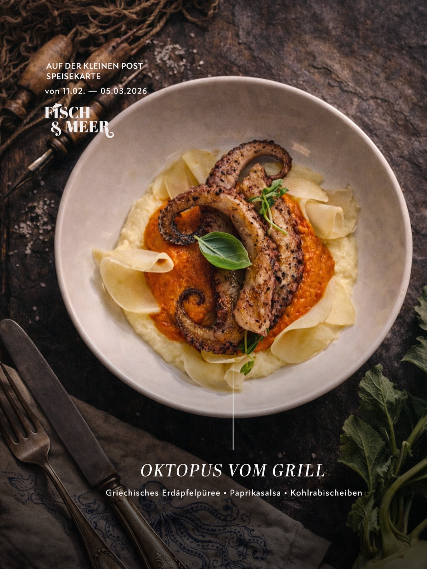 OKTOPUS VOM GRILL 🔥🐙 — die Fortsetzung eines Erfolgsgerichts vom letzten Jahr.
Zart gegart und dann scharf gegrillt, mit genau der richtigen rauchigen Röstaromatik – dazu griechisches Erdäpfelpüree, Paprikasalsa und feine eingelegte Kohlrabischeiben.
Genau das Richtige, um dem tristen Winter zu trotzen. 🌬️✨
Jetzt noch bis 5.3.2026 auf unserer Fisch und Meer Speisekarte.