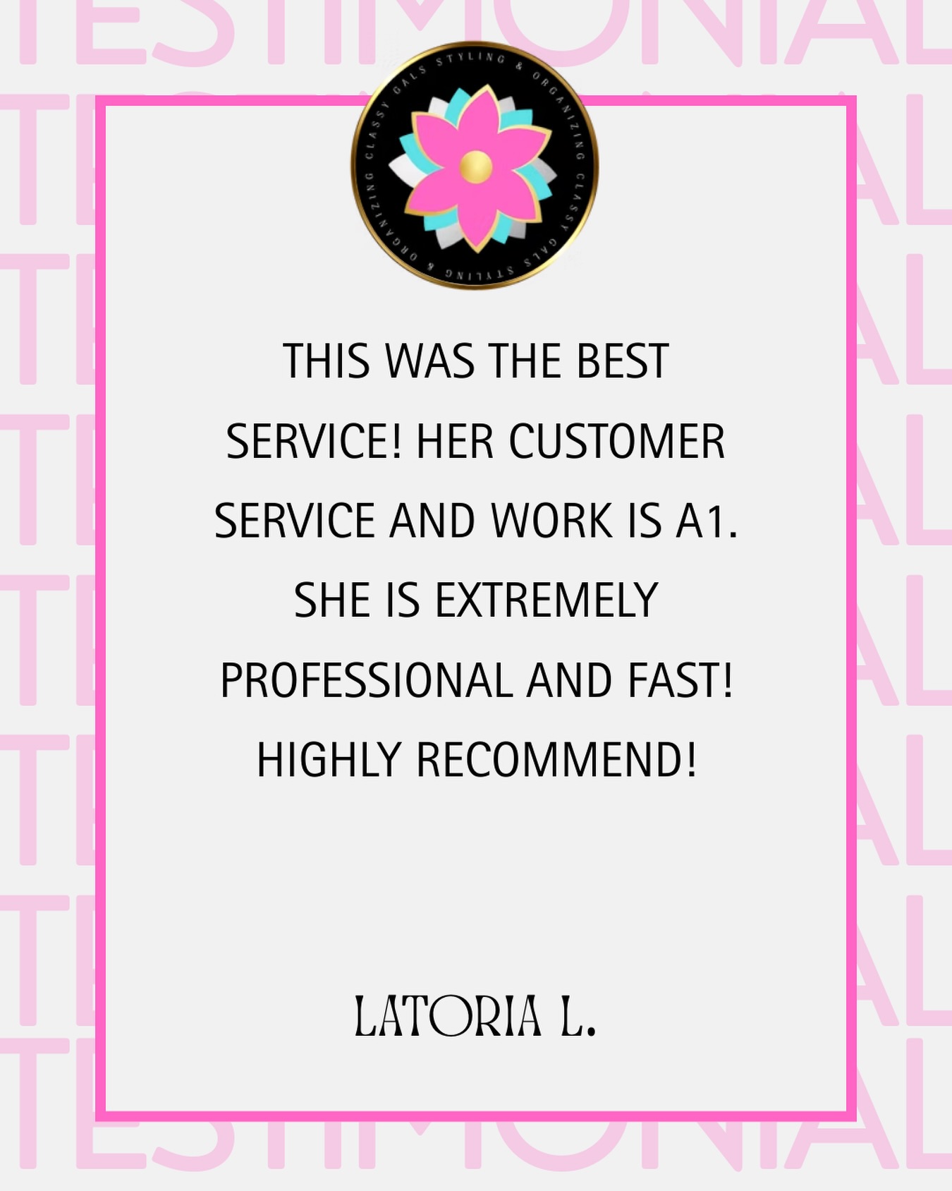 At Classy Gals LLC, we pride ourselves on delivering A1 service — professional, efficient, and done with excellence every single time. When our clients highlight our customer service and speed, that means everything to us! 🙌🏾
Thank you, Latoria L., for trusting Classy Gals and for the amazing review. Your experience is exactly what we aim to provide for every client. 💕
If you’re ready for professional, fast, and top-tier service… Classy Gals LLC is here for you.