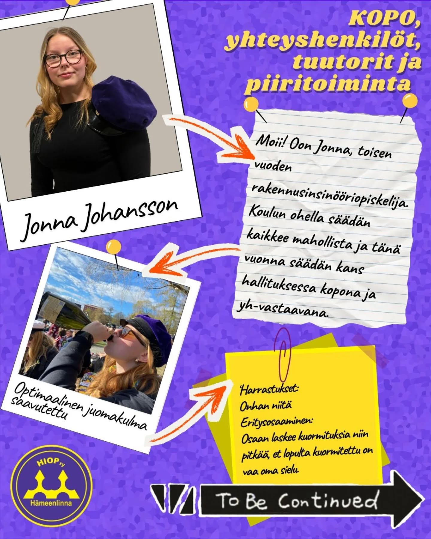 2026🔥
Hallitusesittelyt / Board introductions
KOPO, yhteyshenkilöt, tuutorit ja piiritoiminta / Educational policy, KeHä responsible, tutors and contact persons representative
Jonna Johansson