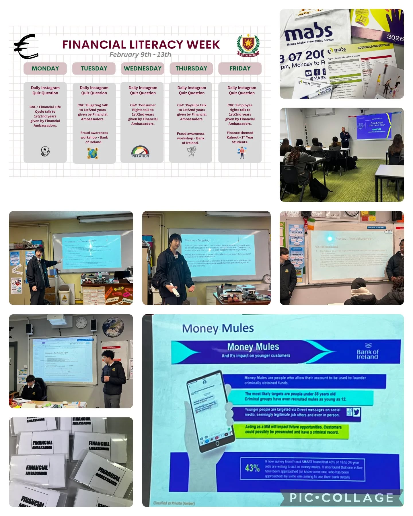 Financial Literacy Week is in full swing! 🚀💸
Our Financial Ambassadors are doing an incredible job sharing essential tips on budgeting, consumer rights, and decoding those tricky payslips! 📊🧠
A massive shoutout to Taylor Groark for a fantastic session with our 1st Year students on Financial Fraud. 🛡️💻 We now know exactly how to spot scams and keep our info safe. Huge thanks to Bank of Ireland for making this happen! 🏦✨
We also want to give a big "thank you" to MABS (The Money Advice and Budgeting Service) for the generous student merchandise! 🎁🙌
📱 Don't forget: Our daily Instagram quiz is LIVE! Winners will be announced this Friday. 🏆
Stay tuned—we have plenty more planned for the rest of the week! 🗓️👇
#WeAreSalle #FinancialLiteracy #SmartSpending #MABS