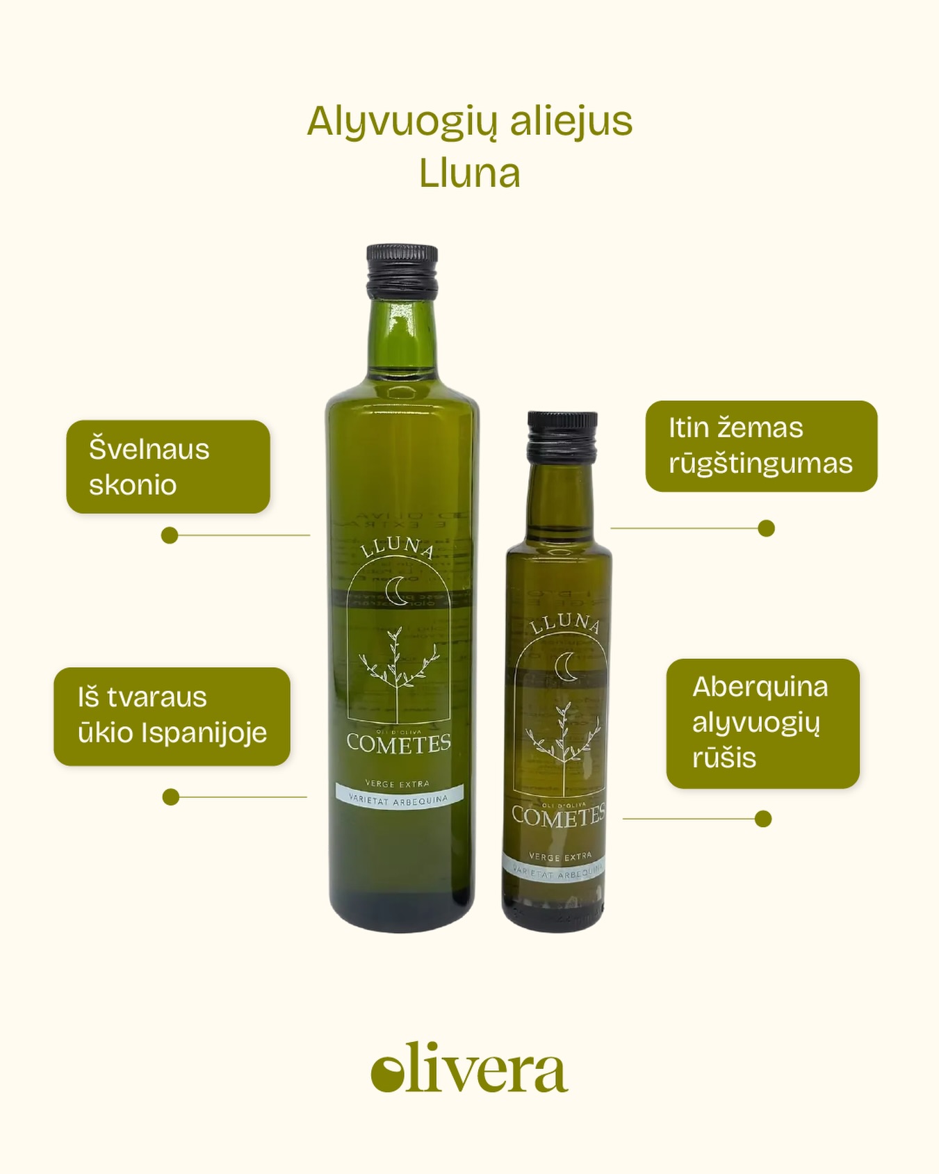 Alyvuogių aliejus Lluna – švelnus, harmoningas extra virgin iš 100% Arbequina alyvuogių. 🫒
Tai brandesnis, sezono pabaigoje spaustas aliejus, kuriame atsiskleidžia vidutinis vaisiškumas, vos juntamas kartumas ir subtilios migdolų bei artišokų natos.
🌿 Lluna atkeliavo iš Oli Cometes – šeimos ūkio Katalonijoje, dirbančio biodinamiškai ir turinčio Demeter sertifikatą, vieną griežčiausių tvaraus ūkininkavimo ženklų Europoje.
Šio ūkio kokybę jau įvertino ir tarptautinė bendruomenė – Oli Cometes aliejai pelnę pripažinimą NYIOOC ir kituose pasauliniuose konkursuose.