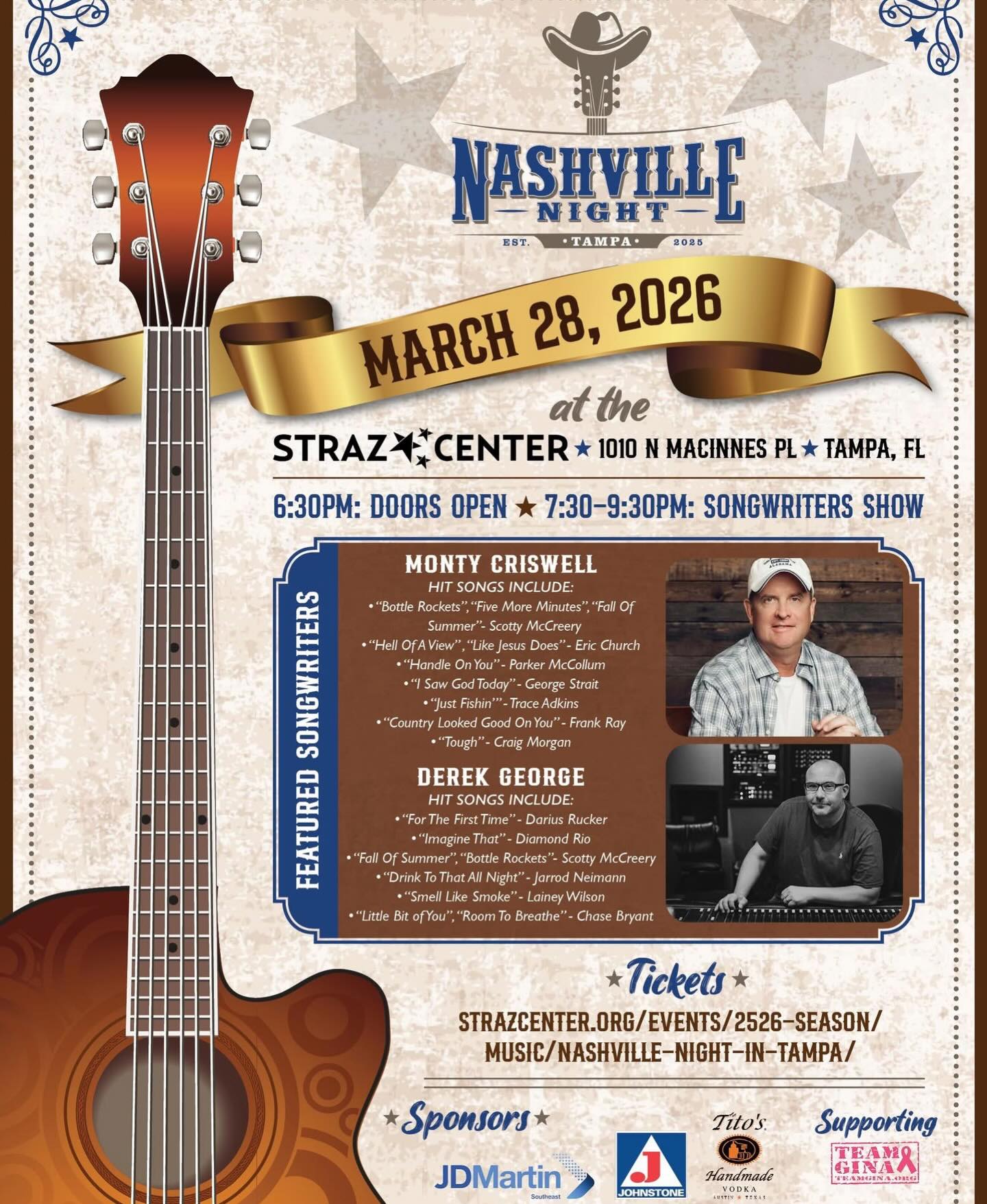 Tampa, we can’t wait to bring another incredible Nashville Night Tampa experience to you on Saturday, March 28th at the @strazcenter
Joining us are two of Nashville’s finest songwriters in Monty Criswell and Derek George. Between them, they’ve written some massive hits and have stories you won’t hear anywhere else. It’s going to be a special night of songs, storytelling, and the kind of experience only a true songwriter round can deliver.
Tickets are available now at www.strazcenter.org., link in bio!
Secure your seats early, tickets will move fast.
@tampadatenightguide
@whattodotampa
@tampaevents__
@tampabaytonight
@thatssotampa