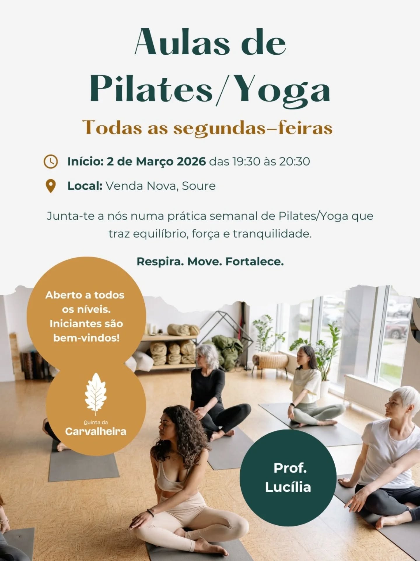 ✨ As aulas de Pilates/Yoga estão de volta! ✨
A partir de 2 de março, retomamos a prática semanal na Quinta da Carvalheira: um espaço rodeado de natureza, onde cuidamos do corpo, acalmamos a mente e recarregamos a energia.
Se sentes que queres trazer mais equilíbrio, força e presença ao teu dia a dia… este é o teu convite! 🌱
🗓 Início: 2 de março
📍 Quinta da Carvalheira
🔗 Inscrições no link da bio ou por DM
Vem praticar connosco!