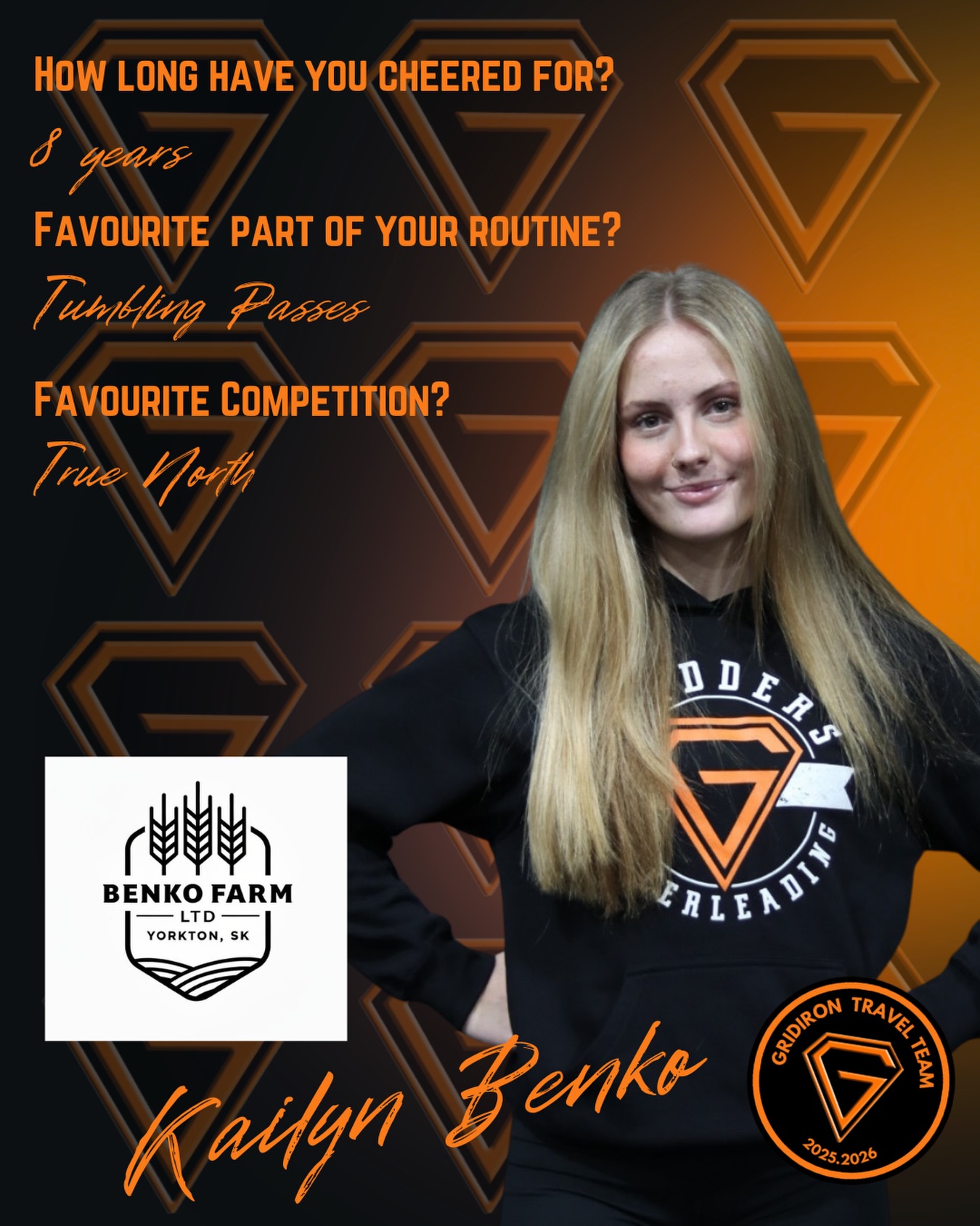 Our Gridiron travel team will be heading to Seattle this February, and we’re excited to showcase our amazing athletes! 📣
Today, we’re spotlighting Kailyn Benko, proudly sponsored by Benko Farms!
Thank you to Benko Farms for supporting Kailyn and our journey — from all of our Gridiron Travel Team athletes and Gridders Cheerleading!🧡🖤
