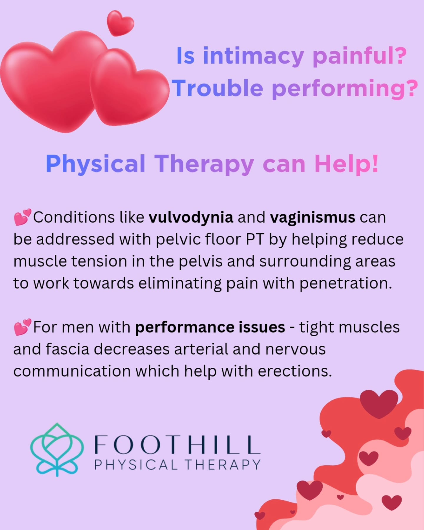 Valentine's day might make us think of love and intimacy. But painful sex and erectile dysfunction can feel isolating. They’re often signs of a pelvic floor that’s tense, stressed, or not coordinating well. These symptoms are common in all genders—and they’re treatable.
You’re not broken. With the right support, comfort and pleasure are absolutely possible.
A pelvic floor PT can help you understand what’s going on and guide you toward relief at a pace that feels safe for you.
#pelvicfloormuscles #vulvodynia #vaginismus #erectiledysfunction #pelvicpain