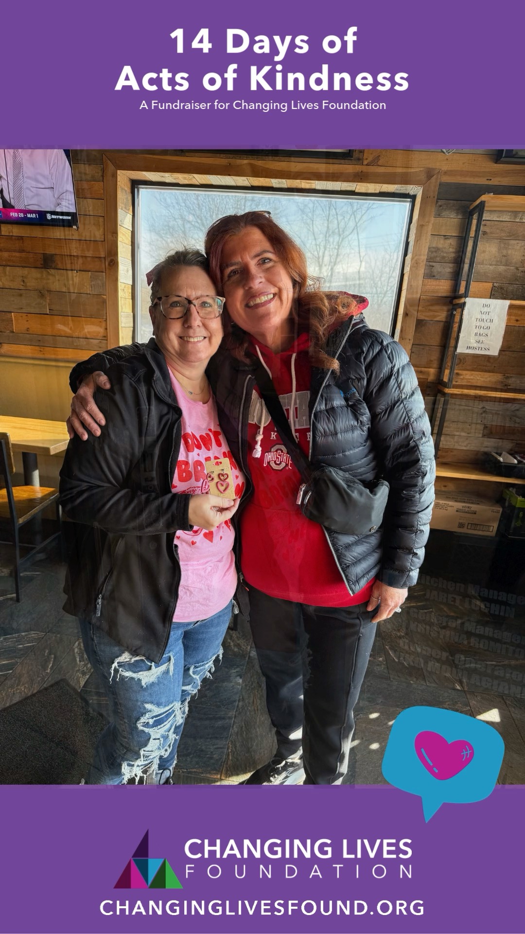 Check out Tammy's adventures today to @phixsalonsuites and @nikosbarandgyros!
#changinglivesfound #up2Him #nonprofit #fundraiser #kindness #actsofkindness #14days #february #day1