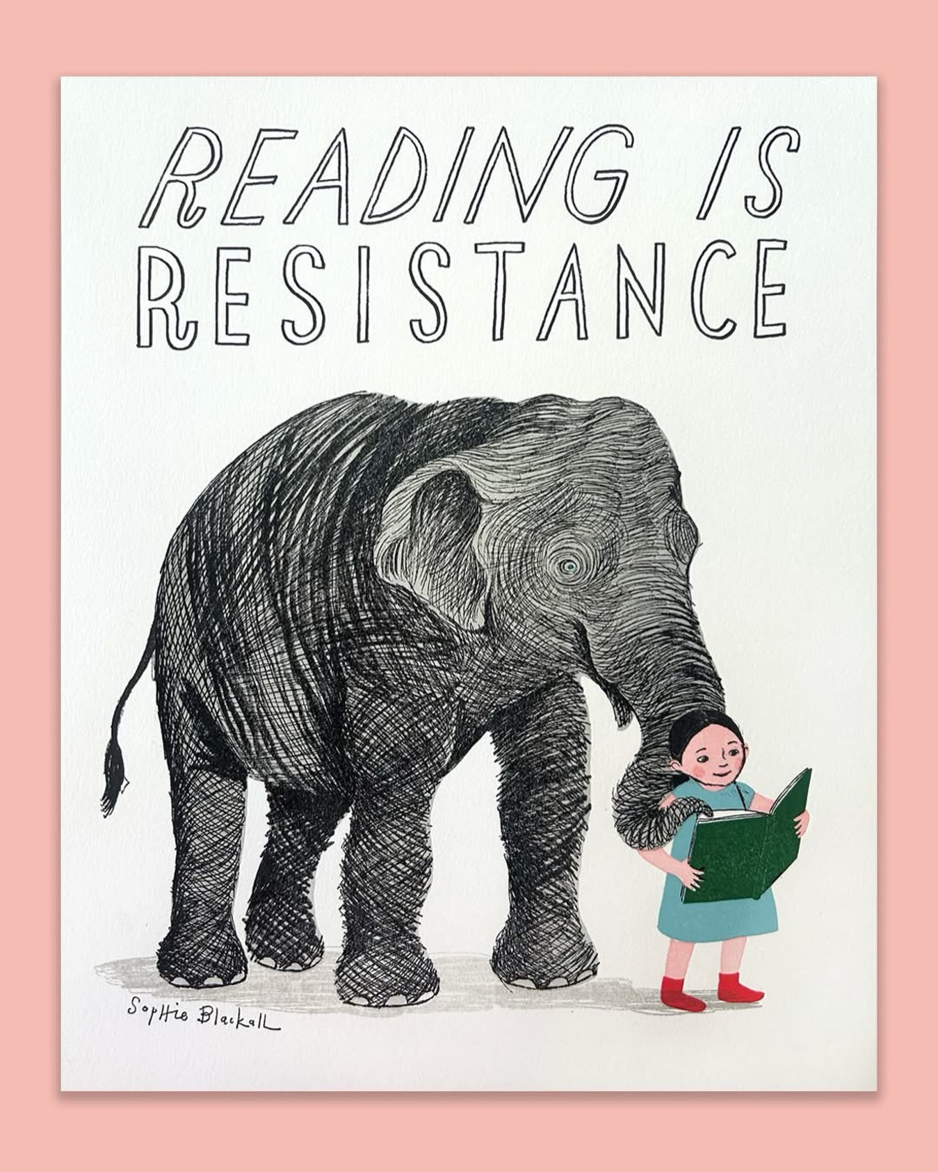 “I love the idea that Reading is Resistance, but also that Reading is Irresistible. There is nothing more compelling than reading over someone else’s shoulder. Stories are to be shared, and the more we read—and listen to—each other’s stories, the more we will feel empathy and compassion for our fellow human beings, no matter how different we may seem.” – Sophie Blackall
Award-winning author and illustrator Sophie Blackall created the perfect finale for The Rabbit hOle’s Reading is Resistance print series. 🩷
Purchase this and more prints in-person at Lucky Rabbit Books or online at rabbitholekc.org/shop