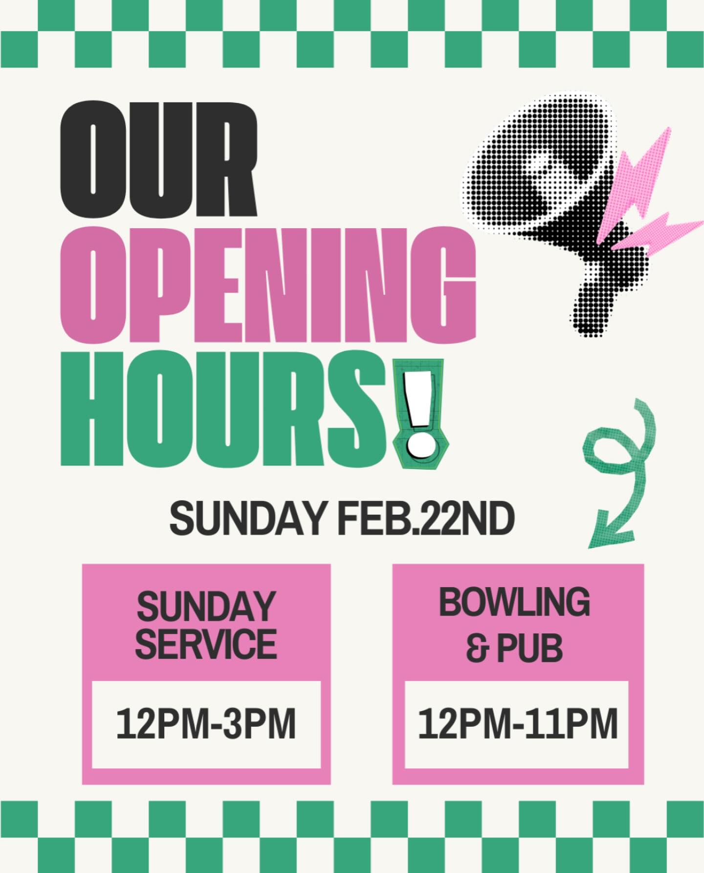 SUNDAY SERVICE IS TOMORROW!!!
Please note - Tomorrow, Sunday Feb. 22nd we will be open at 12pm - Pub and Bowling side, to allow the team time to set up:)
Join us from 12pm - 3pm for Sunday service - Family Friendly
After 3pm back to regular food, and regular hours!
Any questions? Give us a call at (250)-765-8956 or check out our website!