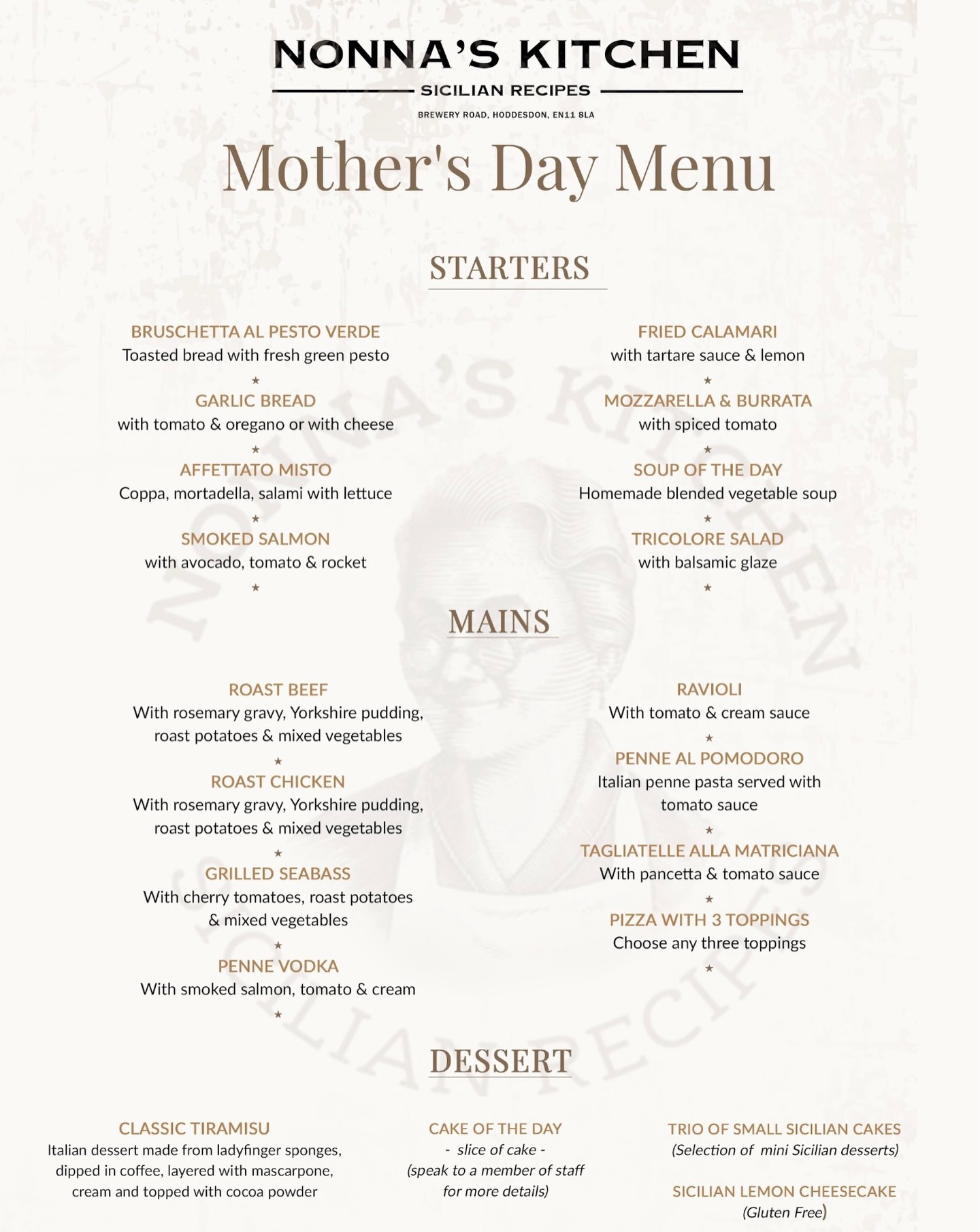 Mother day menu 💐
Enjoy a live singer performance this Mother’s Day the 15th of March (2 hour seating slot) with a set menu for just £49.95 🍽️
⏰
1st
12 noon - 2:00pm
2nd
2:30pm - 4:30pm
3rd
5:00pm - 7:00pm
4th
7:30pm - 9:30pm