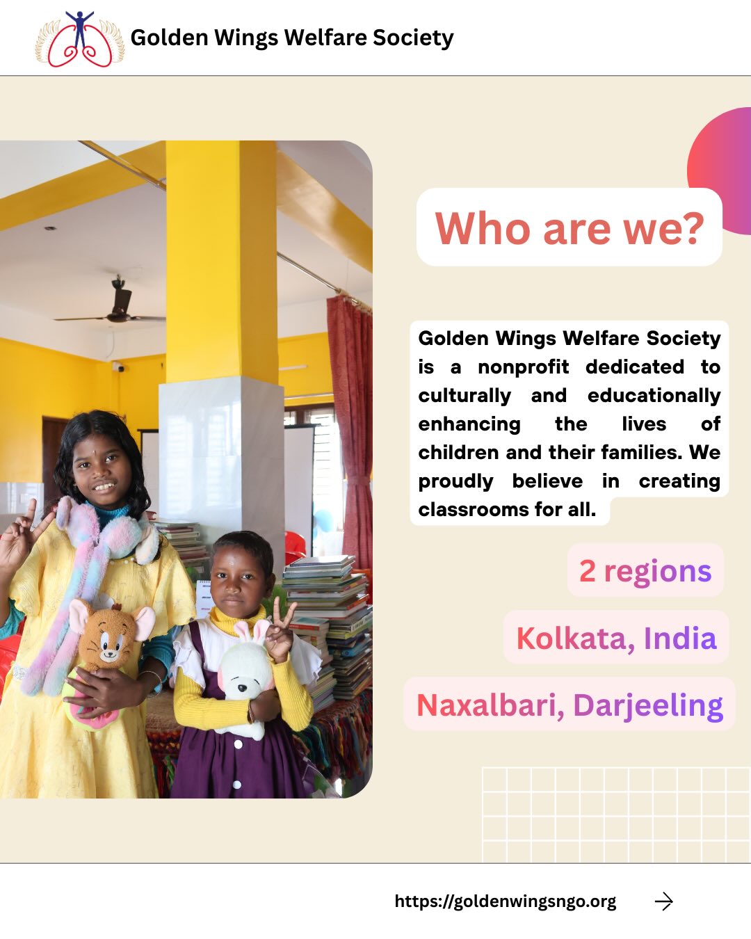 We wanted to introduce ourselves to everyone! Founded after the rise of COVID-19, Golden Wings is a registered nonprofit organization dedicated to empowering youth through education. As Golden Wings grows, so does our mission to feed, educate, and advocate for children who face poorly funded public school systems and discrimination at every turn. We believe in breaking this system of discrimination by creating classrooms for all. We have two classrooms across North Bengal, India in Kolkata and in the village of Naxalbari, with 18 computers and an enrollment of 200 students across both locations. We will continue to change the world one child at a time, and thank you for following us on our journey to do so.
#goldenwings #nonprofit #dcnonprofit #education #youthempowerement
{youth sports education, registered ngo, drawing competition, dance teams, dance, football, youth soccer}