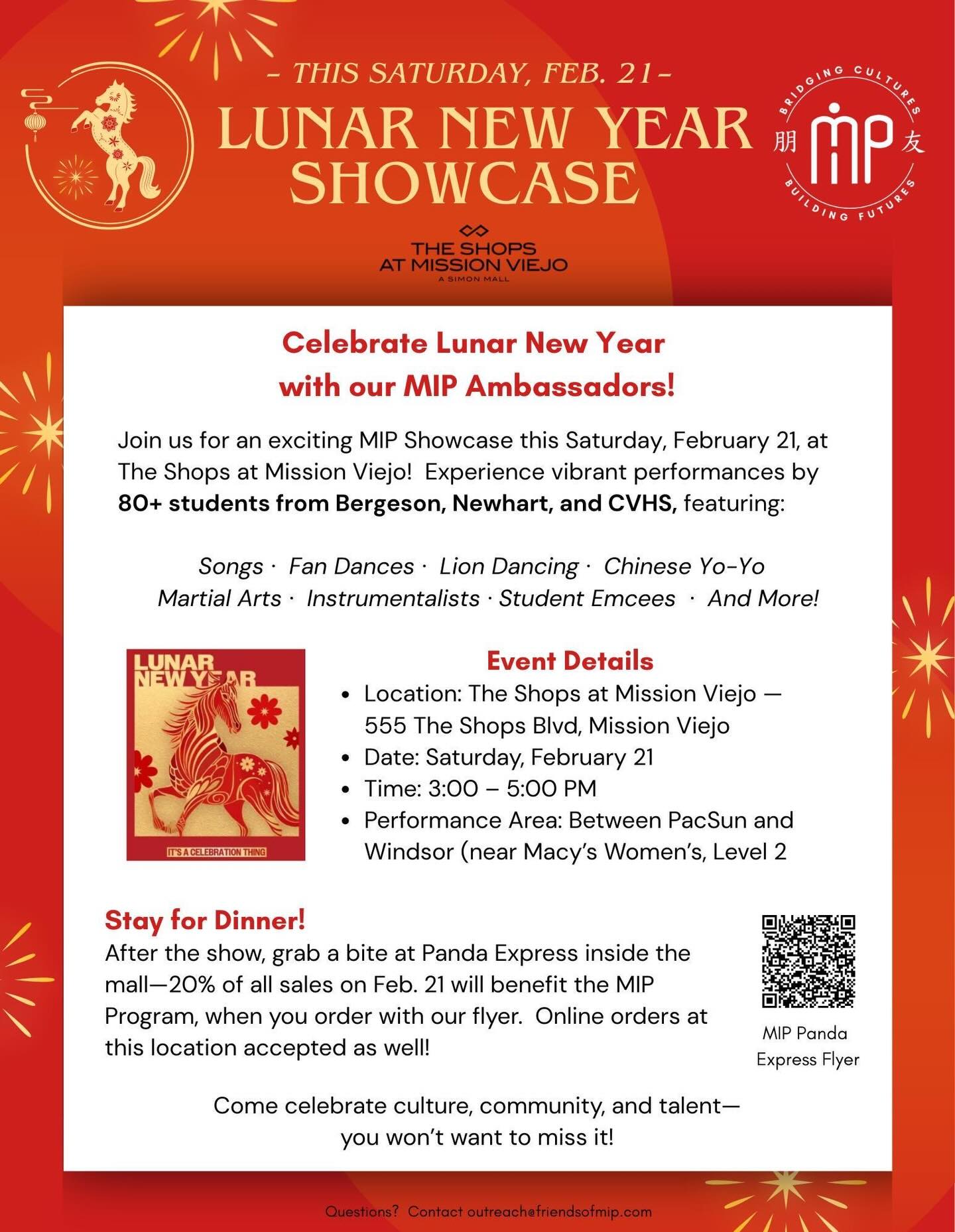 🎉 **Celebrate Lunar New Year with Our MIP Ambassadors!** 🎉
Join us this Saturday, February 21 (3–5 PM) at The Shops at Mission Viejo for a CUSD MIP-only showcase featuring 80+ student performers from Bergeson, Newhart, and CVHS!
Enjoy an afternoon of incredible performances:
🎶 Songs · 🪭 Fan Dances · 🦁 Lion Dancing · 🪀 Chinese Yo-Yo · 🥋 Martial Arts · 🎻 Instrumental Music
📍 Location: Between PacSun & Windsor (near Macy’s Women’s, Level 2)
📅 Date: Saturday, Feb 21
🕒 Time: 3:00 – 5:00 PM
✨ *Stay for Dinner!*
Grab dinner at Panda Express in the mall — 20% of all sales that day, at that location, will support our MIP Program! Swipe ➡️ for our fundraising flyer.
Come cheer on our talented students and celebrate the spirit of the Lunar New Year! 🌟
#CUSD #MandarinImmersion #chinesenewyear #LunarNewYear #CVHS