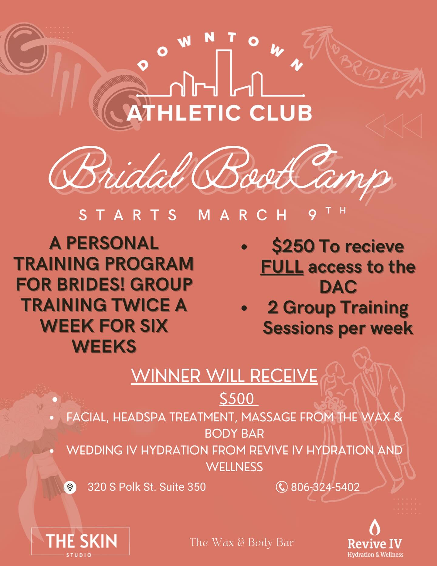 Our Bridal Bootcamp kicks off March 9th at the Downtown Athletic Club! 💪🏼
6 weeks. 2 group training sessions per week. Full access to the DAC.
All for $250 — and one lucky winner will receive $500 and bridal self care prizes from The Wax & Body Bar, and Revive IV Hydration & Wellness
Let’s get you feeling strong, confident, and wedding-day ready. Spots are limited! Sign up now!