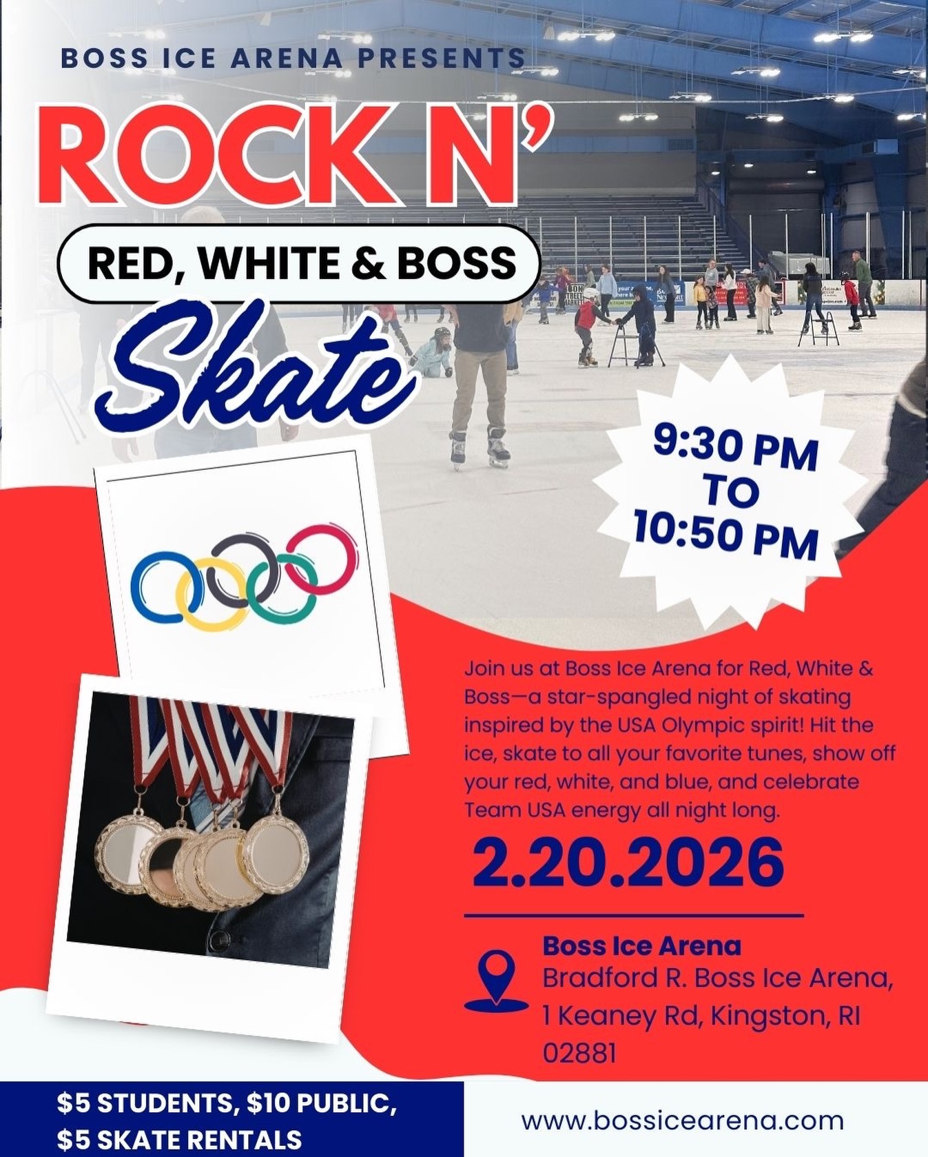Join us at Boss Ice Arena for Red, White & Boss—a star-spangled night of skating inspired by the USA Olympic spirit Friday 2/20! Hit the ice, skate to all your favorite tunes, show off your red, white, and blue, and celebrate Team USA energy all night long.