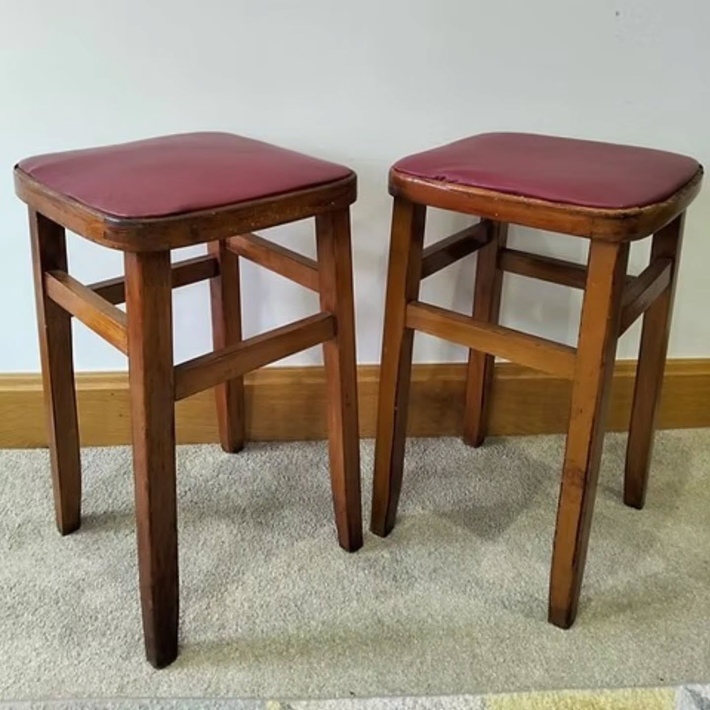 Vintage Wooden Stools with Red Upholstered Seats – Mid-Century Utility Charm | https://share.google/C11ad8jw158pIs9WL #stufftoyouandme #objetdart