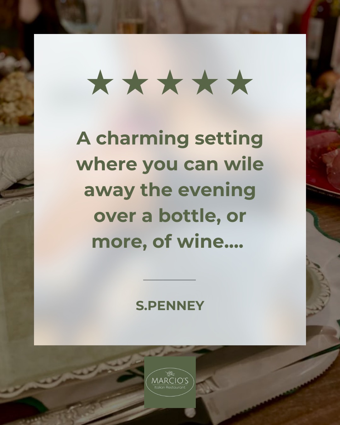 ✨ We love hearing this ✨
“A charming setting where you can wile away the evening over a bottle - or more - of wine. Food prepared with care and attention, using fantastic seasonal ingredients.
The staff and atmosphere made it easy to take our time, and we’ll definitely be back.”
This is exactly the experience we aim to create at Marcio’s - relaxed evenings, thoughtful cooking, and time to truly enjoy great food and wine 🍷🇮🇹
Thank you for such a lovely review ❤️
📍 Castle Road, Bedford
📞 07768 431715
📧 info@marciositalianrestaurant.co.uk
💻 Book now - www.marciositalianrestaurant.co.uk
🍷🍝 Slow evenings, full hearts, unforgettable flavours. We can’t wait to welcome you at our Bedford restaurant! ❤️🇮🇹