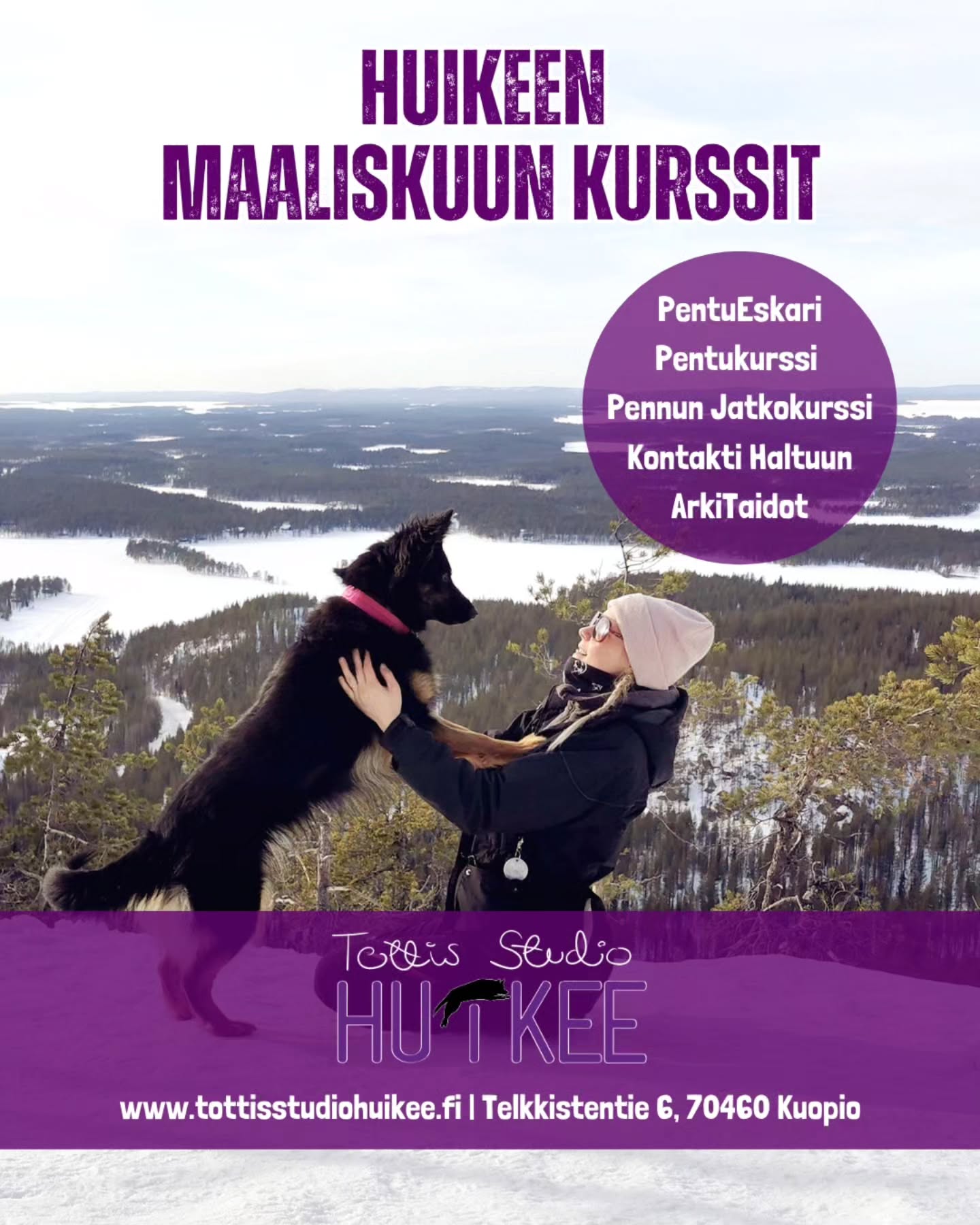 💜 HUIKEEN MAALISKUUN KURSSIT! 💜
Talven kaikki kurssit sisällä lämpimässä HuiKeen hallilla Kuopion Kelloniemessä 🐾
ALKAVIA KURSSEJA
🟣 Pennuille Pentu Startista
✨️ PentuEskari
✨️ Pentukurssi
✨️ Pennun Jatkokurssi
🟣 Arkeen aikuisille koirille
✨️ Kontakti Haltuun
✨️ ArjenTaidot
🟣 POP UP -treenit
✨️ Yksittäisiä irtopaikkoja ryhmiin
✨️ Eri aiheista POP UP-tunteja
▫️ Näistä ilmotellaan erikseen somessa ja niitä löydät suoraan slotin kautta josta paikka ostetaan
ILMOITTAUDU MUKAAN KURSSEILLE JA TREENEIHIN
▫️Kotisivujemme kautta
Lämpimästi tervetuloa mukaan! ❤️✨️
#tottisstudiohuikee #koirankoulutus #koirahalliKuopio #koirakoulukuopio #koirakoulu #Kuopio #siilinjärvi