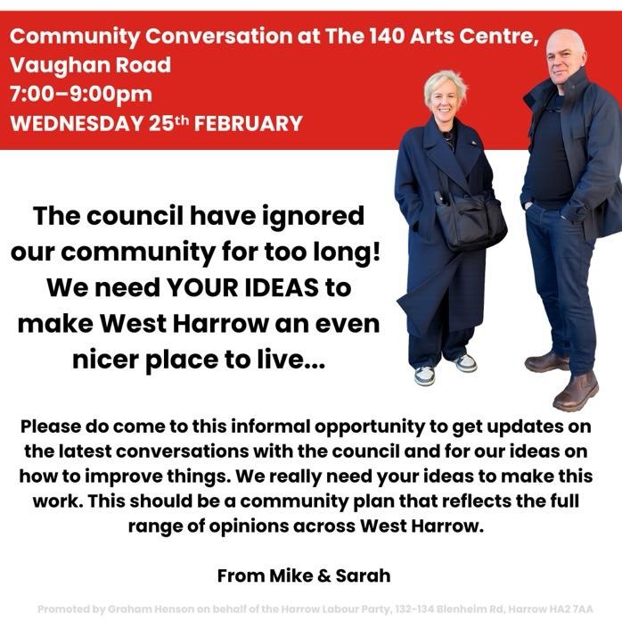 An added edition to the original February schedule
Community Conversation with Mike & Sarah next Wednesday 🏡💬
An informal opportunity to meet your neighbours and share what you think will make West Harrow an even nicer place to live ❤️
📆 Wednesday 25th February
⏱️ 7pm-9pm
📍oneforty - 140 Vaughan Road, HA1 4EB
#westharrow #communityconversation