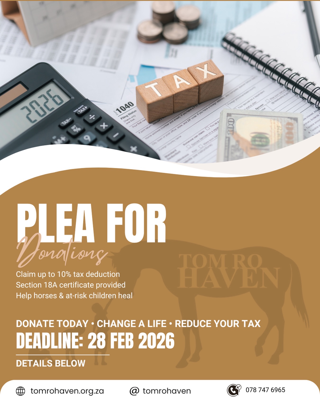 There’s still time to make your giving count 💛🐴
By donating to Tom Ro Haven before 28 February 2026, you’re not only helping rescue and rehabilitate horses and support vulnerable children through equine-assisted healing — you’re also reducing your taxable income.
Your donation:
• Changes lives
• Supports long-term rescue and healing
• Qualifies for tax relief under Section 18A
Give with heart and wisdom.
👉 Donate before the end of February and let your compassion work twice.
🔗 Donate now (link in bio)