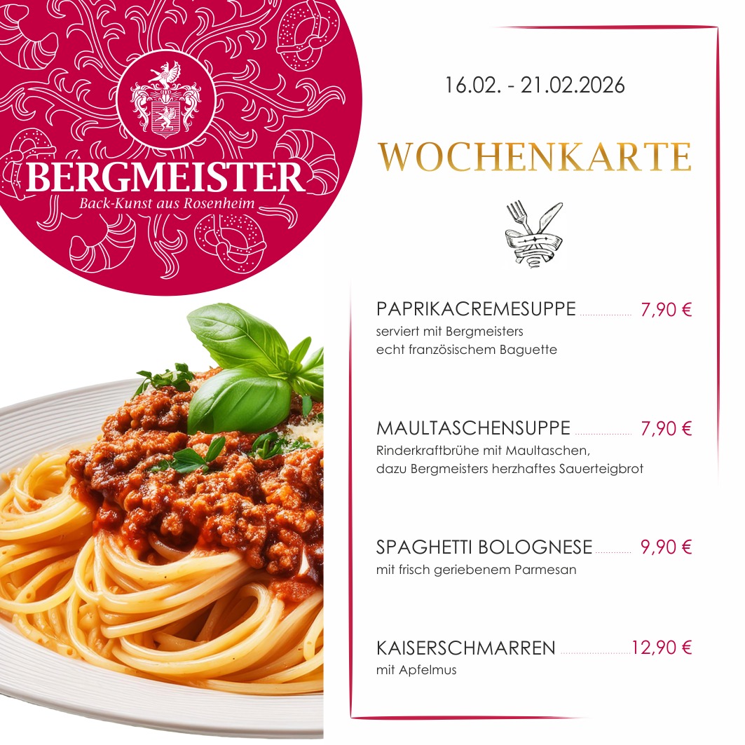 🌟 Neue Wochenkarte im Café BERGMEISTER! 🌟
Lust auf etwas Leckeres für die Mittagspause? Wir haben ab morgen wieder vier neue Schmankerl für euch, die ihr unbedingt probieren müsst! 😍✨
Startet mit unserer cremigen Paprikacremesuppe oder der herzhaften Maultaschensuppe – perfekt für die kalten Tage. 😋🍲 Und für alle Pasta-Liebhaber: Unsere Spaghetti Bolognese wird euch umhauen! 🍝❤️ Zum süßen Abschluss gibt’s einen Kaiserschmarren mit Apfelmus, einfach himmlisch! 🍏🥞
Kommt vorbei und gönnt euch eine kleine Auszeit bei uns. Unsere neuen Gerichte warten nur darauf, von euch entdeckt zu werden! 🤤❤️
Wir freuen uns auf euren Besuch!
Euer BERGMEISTER-Team
#cafébergmeister #bergmeister #Leckereien#Schmankerl #FoodieHeaven #EssenWieBeiMama #herzhaft #herzhafteküche #paprikacremesuppe #maultaschensuppe #spaghettibolognese #pastaliebe #kaiserschmarren #mittagspause #lunchbreak #maxjosefsplatzrosenheim #rosenheim #pause #mittagessen #frischeküche #wochenkarte