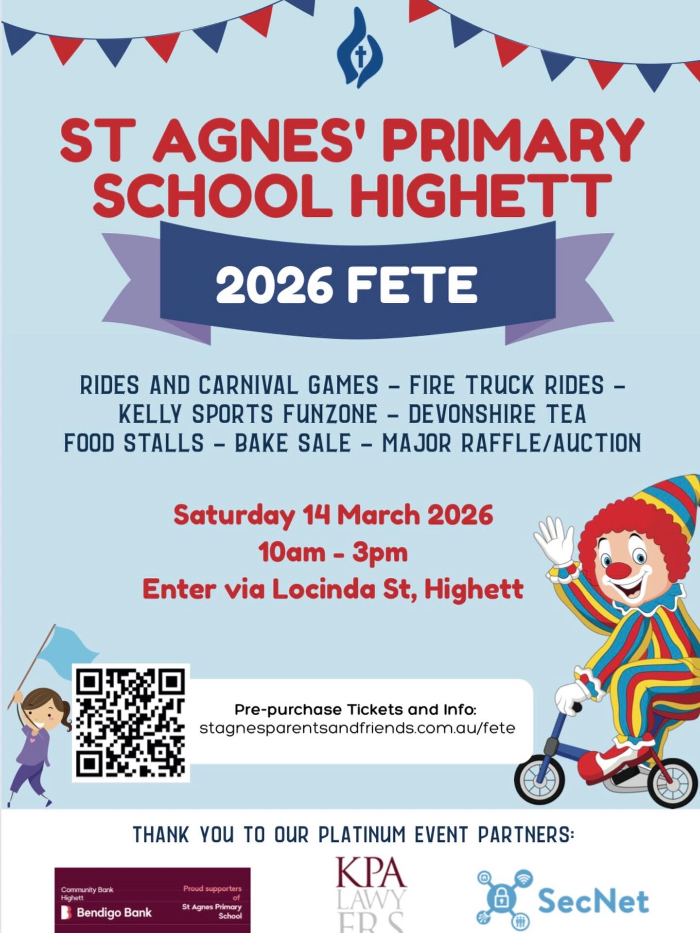 With under four weeks to go until the St Agnes’ School Fete, the countdown is officially on!
A huge thank you to our incredible Fete Committee for the enormous amount of work already invested in preparing for the day! Your dedication is truly appreciated.
Be sure to follow the link or scan the QR code to secure your tickets.
We can’t wait to welcome everyone for what promises to be a spectacular day!