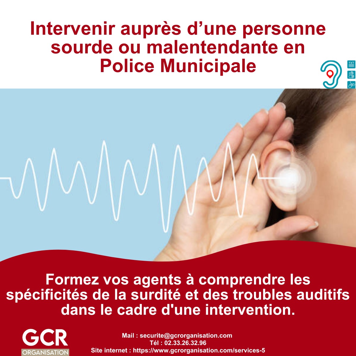 Formez vos agents de Police Municipale à intervenir auprès d’une personne sourde ou malentendante.
Lors d’une intervention, une mauvaise communication peut entraîner incompréhensions, tensions et mise en danger, autant pour les agents que pour les citoyens.
👉 Notre formation « Intervenir auprès d’une personne sourde ou malentendante en Police Municipale » permet à vos équipes de :
- Comprendre les spécificités de la surdité et des troubles auditifs
- Adapter leur posture professionnelle en intervention
- Sécuriser la communication et la prise en charge
- Développer ses réflexes professionnels grâce à des situations réalistes
📩 Envie de découvrir le programme complet ? Notre équipe est à votre disposition pour en discuter.
📞 02 33 26 32 96
✉️ contact@gcrorganisation.com
🌐https://www.gcrorganisation.com/services-5
#policemunicipale #FormationProfessionnelle #surdité #inclusion #sécurité #communication