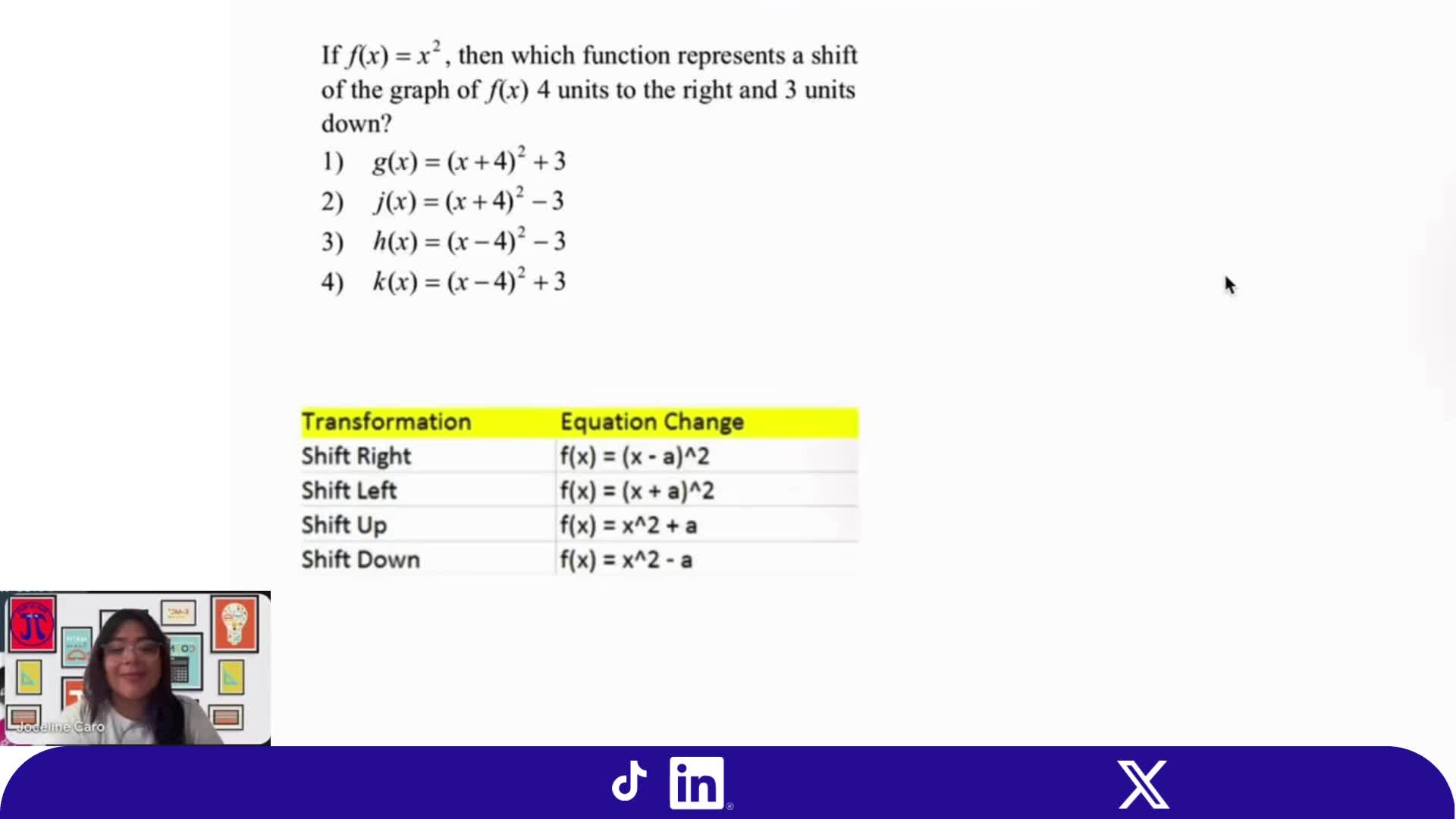 Shift it, flip it, move it 🎯
If𝑓(𝑥)=𝑥², a shift 4 right & 3 down is:
✅ ℎ(𝑥)=(𝑥−4)²−3
Transformations = graphing superpowers ✨
#WhatsTheAnswerWednesday #MathNMore #MathIsLife #Quadratics #Algebra1 #MathTips