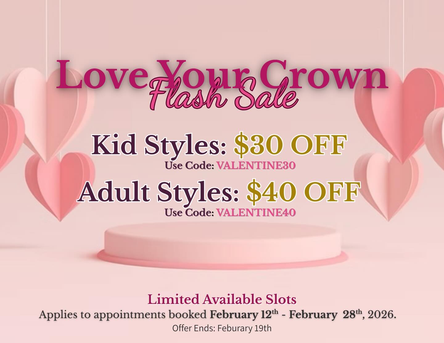 💘LOVE YOUR CROWN FLASH SALE💘
It’s time to pour back into you ✨ Protective styles just got a Valentine season upgrade.
❤️ $40 OFF All Adult Styles
💗 $30 OFF All Kids Styles
⏳ Must book by Feb 19
📅 Appointments can be scheduled through Feb 28
🔒 Limited promo slots available
Deposit required to secure your appointment.
Ready for your next look?
Tap Book Now in the Bio to claim a slot 💌
Hairvival — Where Your Crown Gets Revived 💎