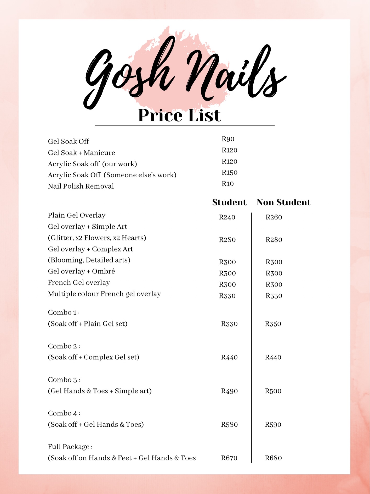Gosh Nails Pricelistπ
π».
Our second branch just provides Nail services.
The perfect location for students close to campus we canβt wait to all see you soon.π
Location: 11 victoria street stellenbosch in the bf Lutz building (inside the open parking area across the mall)
(Image is on the last slide )
Please click nr 6 ( Gosh Nails) on the intercom to enter the building
Business whatapp nr: 0815002238