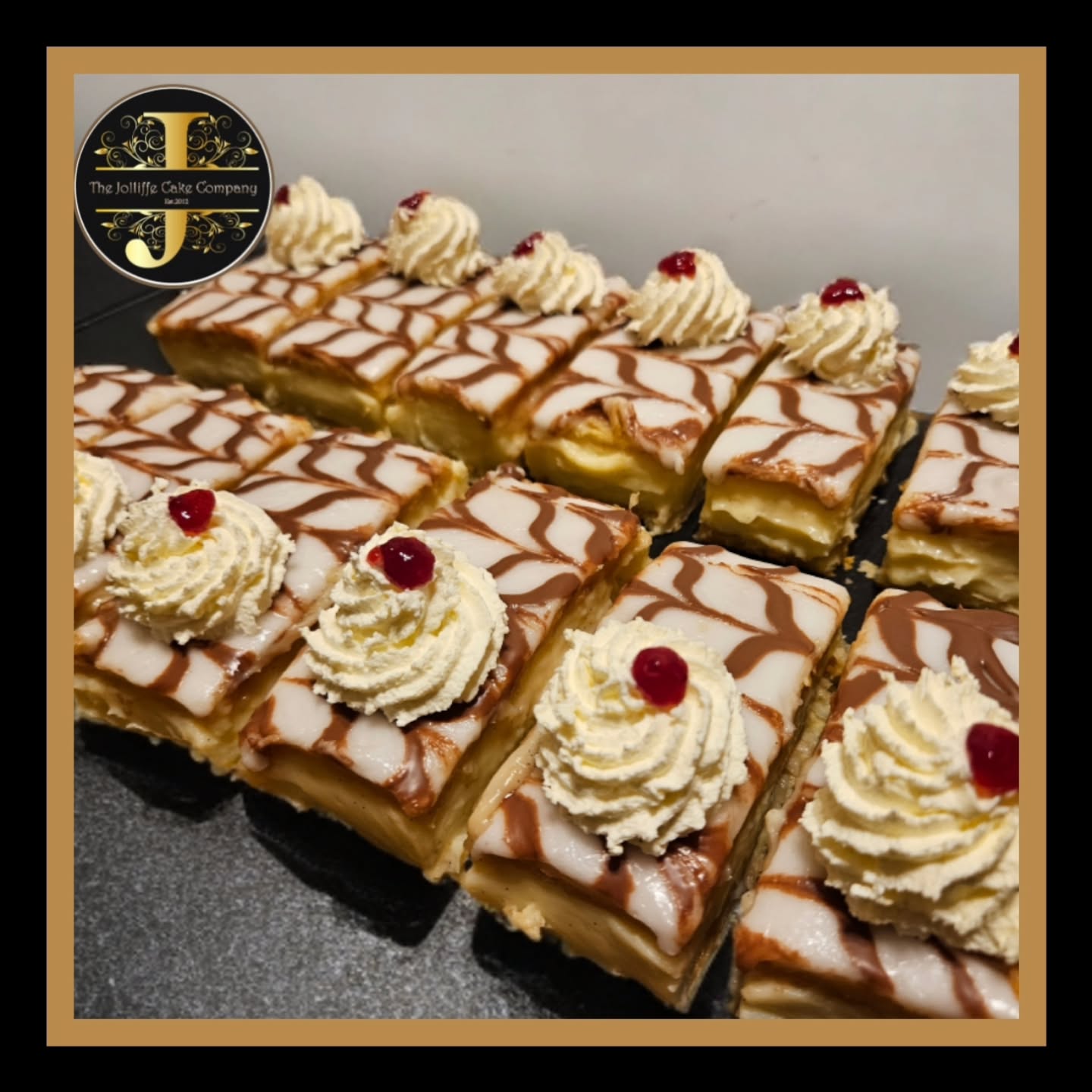 A special request for Valentine's Day. 12 Vanilla Slices. Inhouse made Puff Pastry, Vanilla custard using Organic Vanilla Pods, topped with fondant icing. Cream and a touch of Raspberry Preserve.
#valentinesday #vanillaslice #thejolliffecakecompany #ukberkshire #cakebusiness
