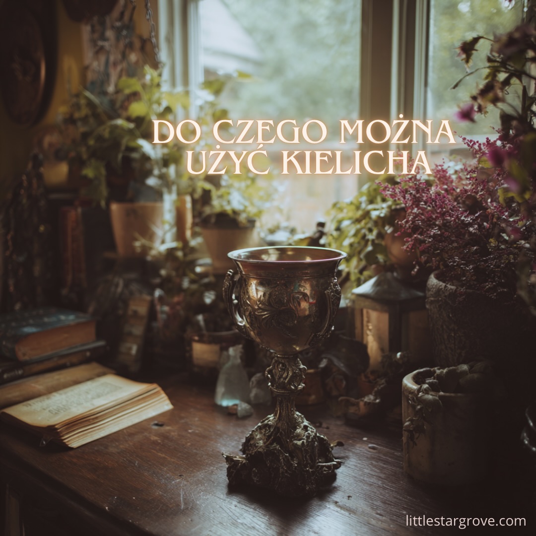Do czego można użyć kielicha ✨
Kielich służy przede wszystkim do trzymania energii, a nie do jej kierowania. Przyjmuje, przechowuje i ofiarowuje.
Oto kilka prostych sposobów, by włączyć go do Twojej magicznej praktyki